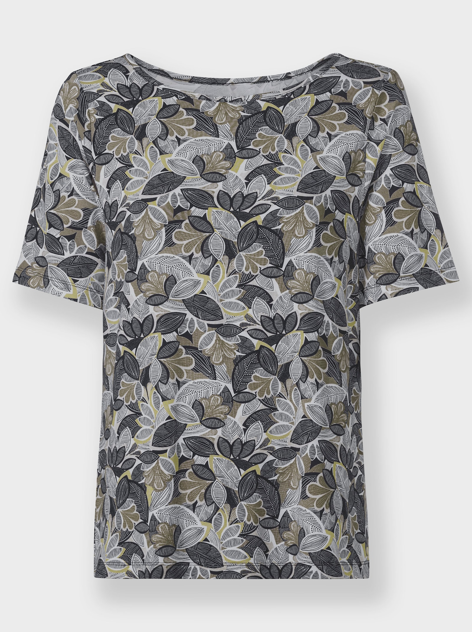 Print-Shirt mit paspeliertem U-Boot-Ausschnitt - khaki-lindgrün-bedruckt