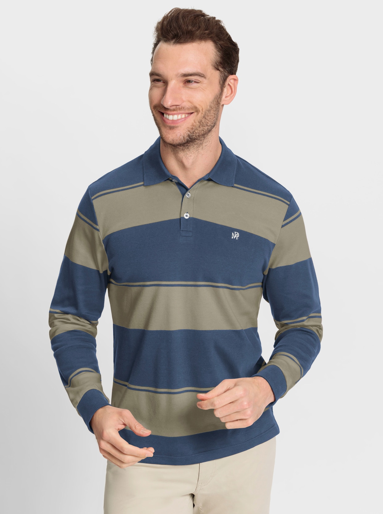 Marco Donati Poloshirt met lange mouwen - jeansblauw/leem gestreept