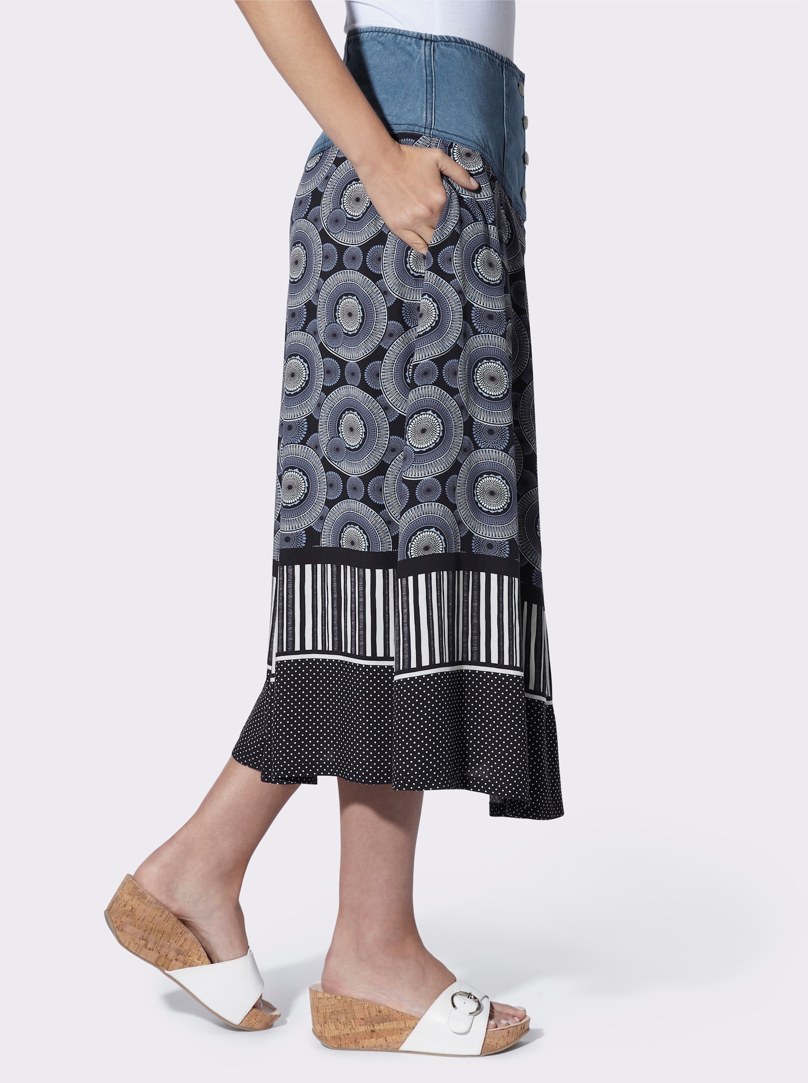 heine A-Linien-Rock mit Jeansbund - marine-ecru-bedruckt