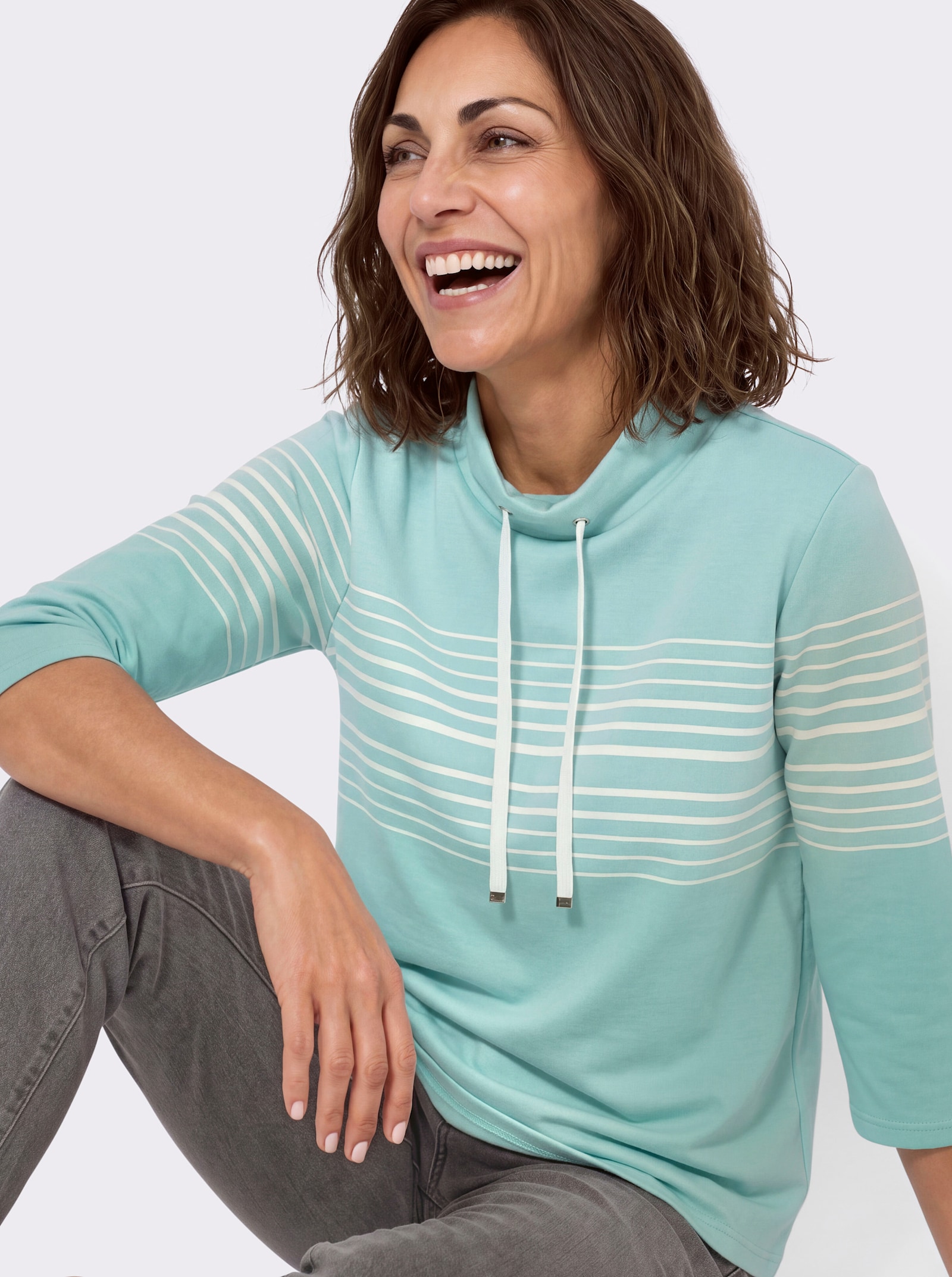Sweatshirt mit Stehkragen - mint-ecru-geringelt