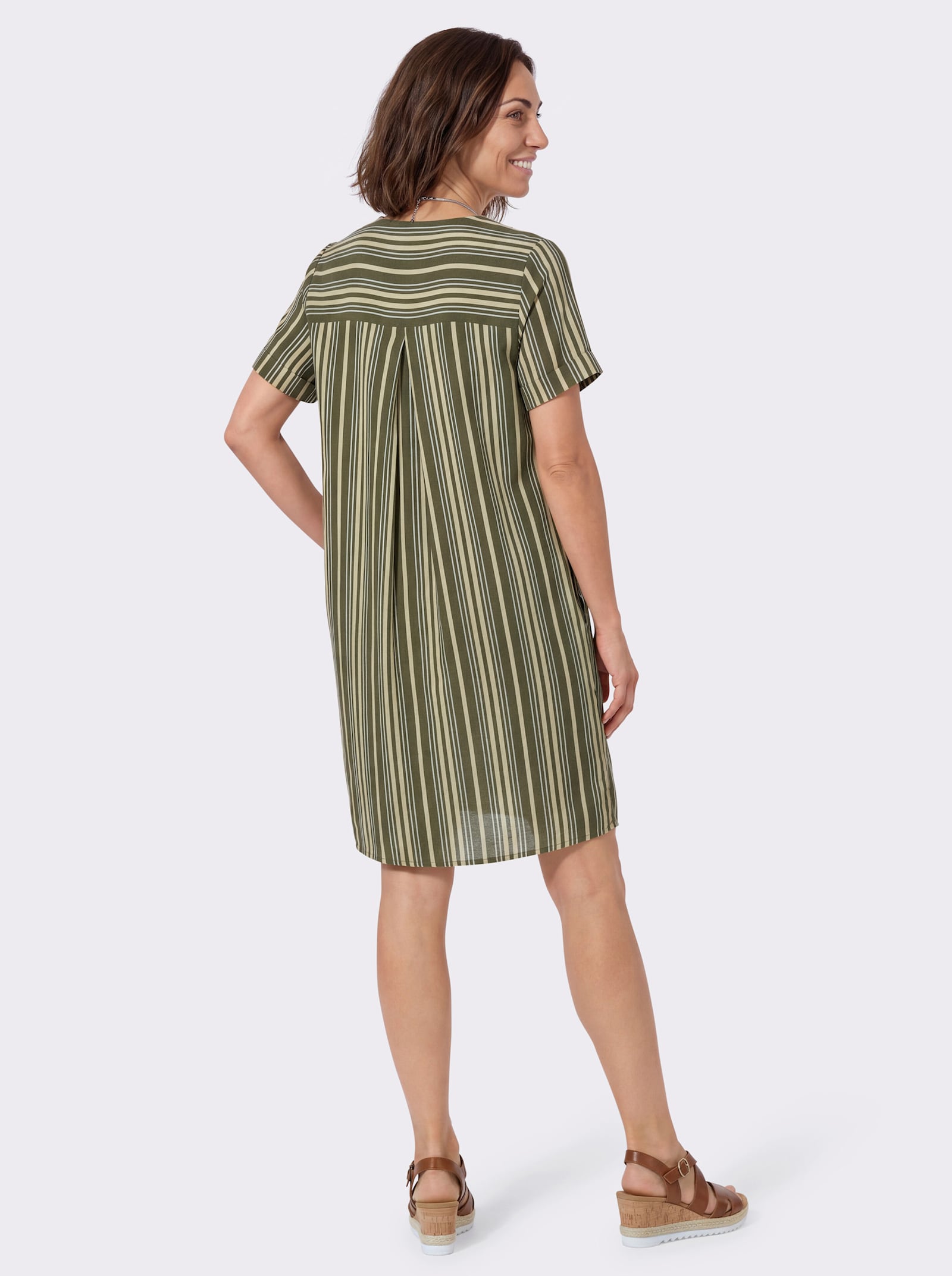 Webkleid in A-Form - oliv-sand-gestreift
