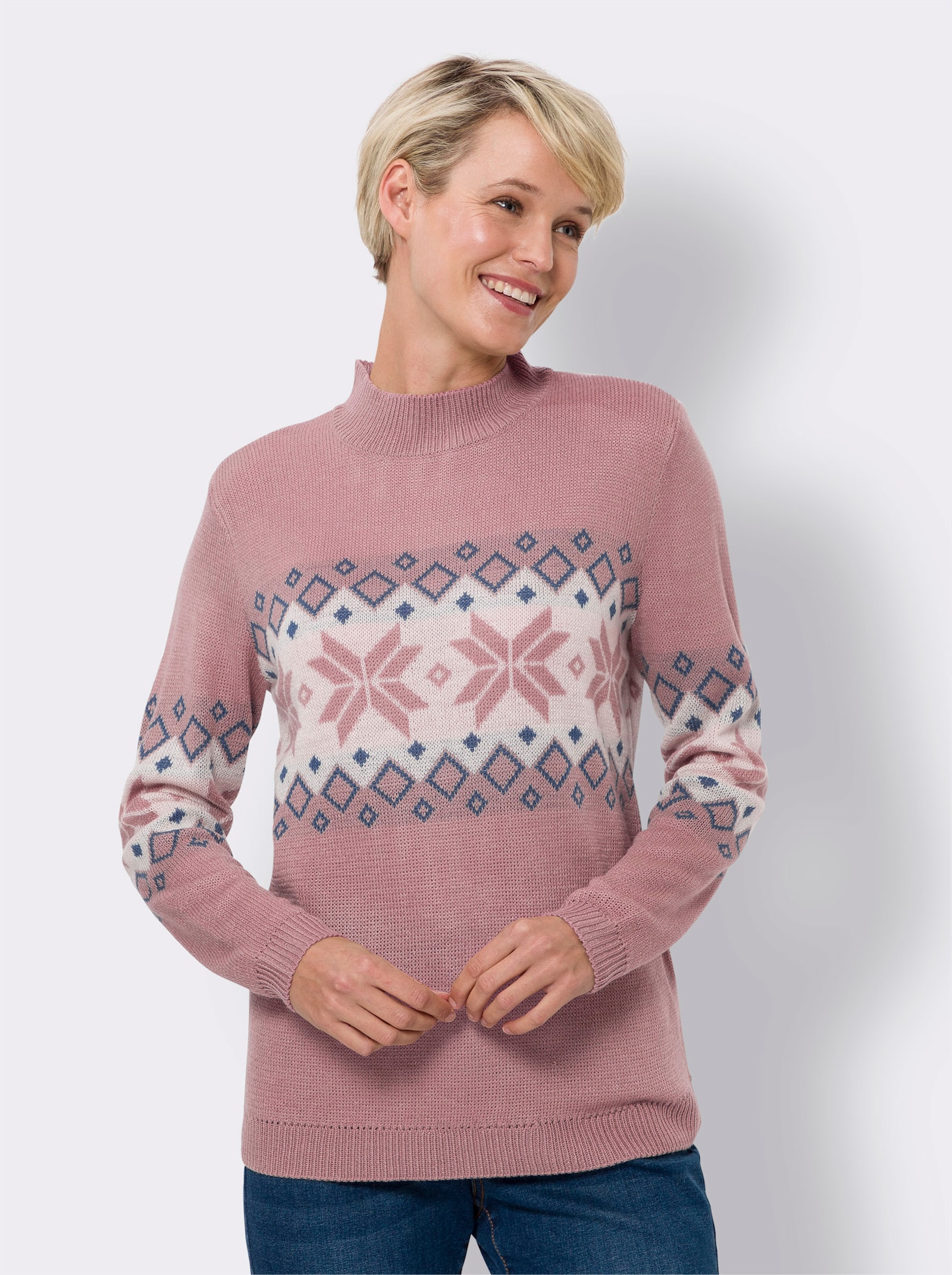 Stehkragenpullover mit Norweger-Muster - hortensie-champagner-gemustert