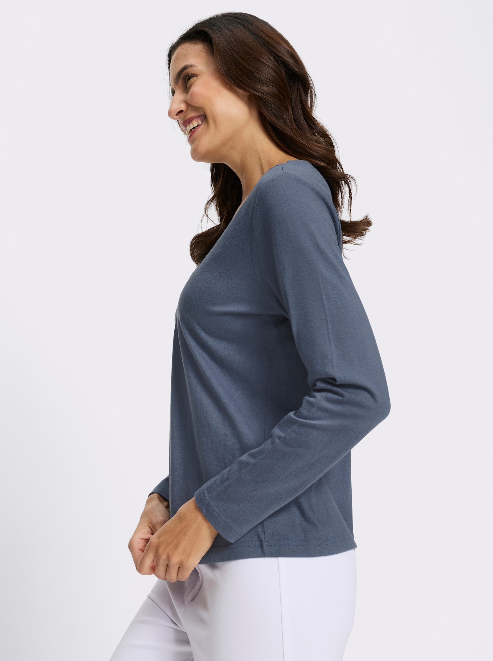 Langarmshirt mit Spitzenbesatz - rauchblau