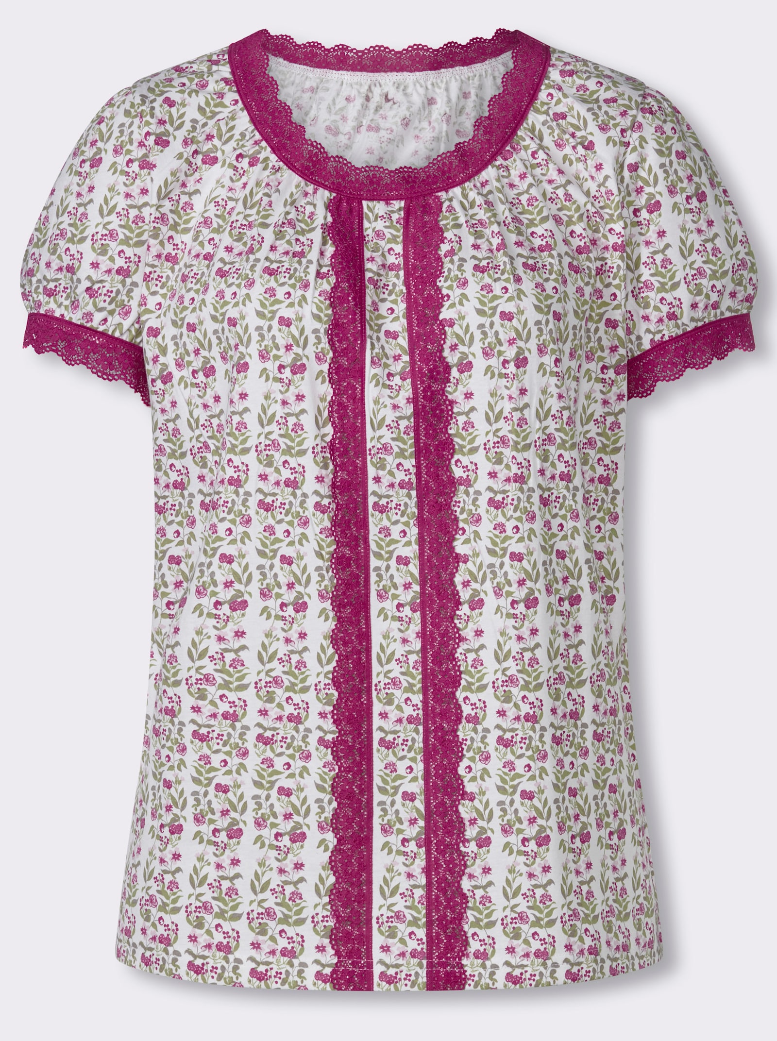 Trachtenshirt mit Spitzenborte - weiß-magenta-bedruckt