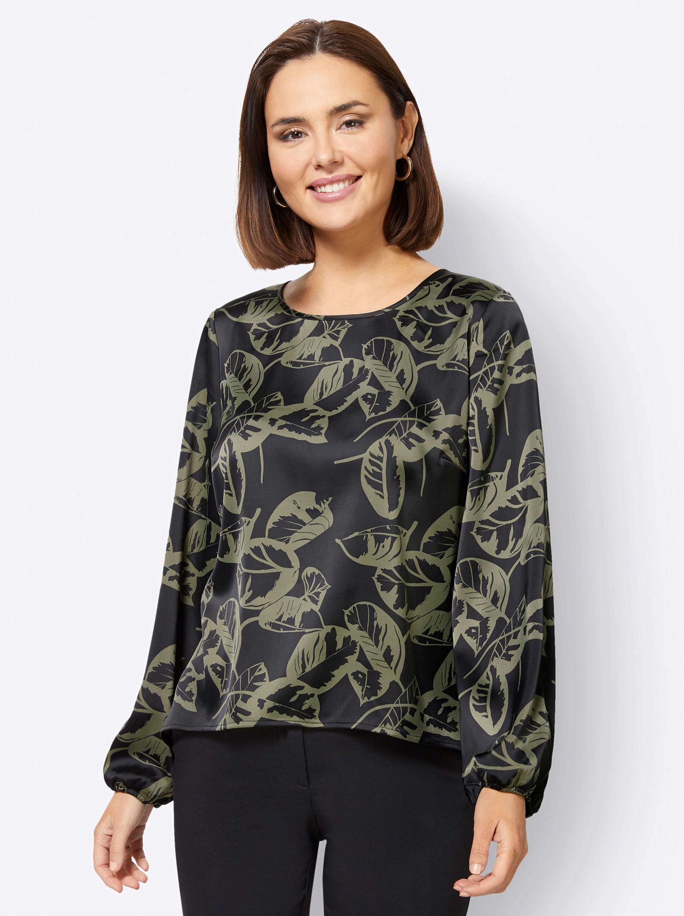 Damenmode Blusen Langarmbluse in schwarz-khaki-bedruckt Damenmode Blusen Langarmbluse in schwarz-khaki-bedruckt