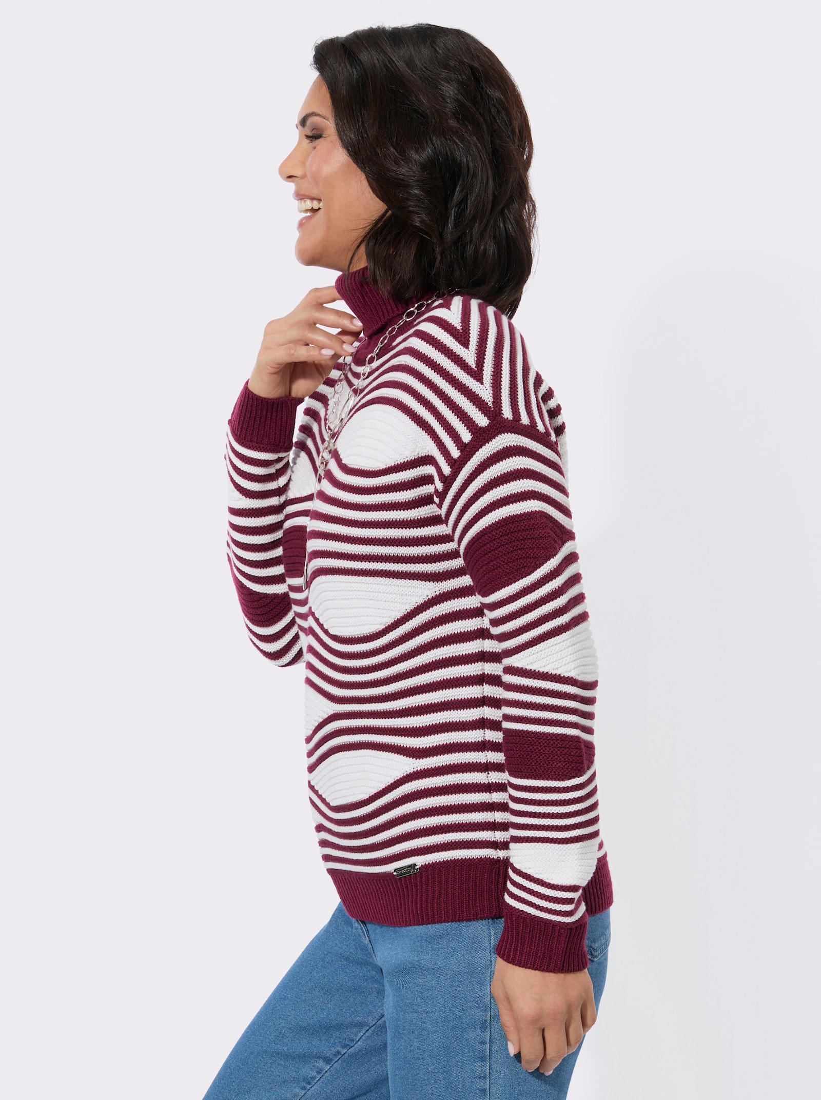 Rollkragenpullover mit Intarsienmuster - bordeaux-ecru-gemustert