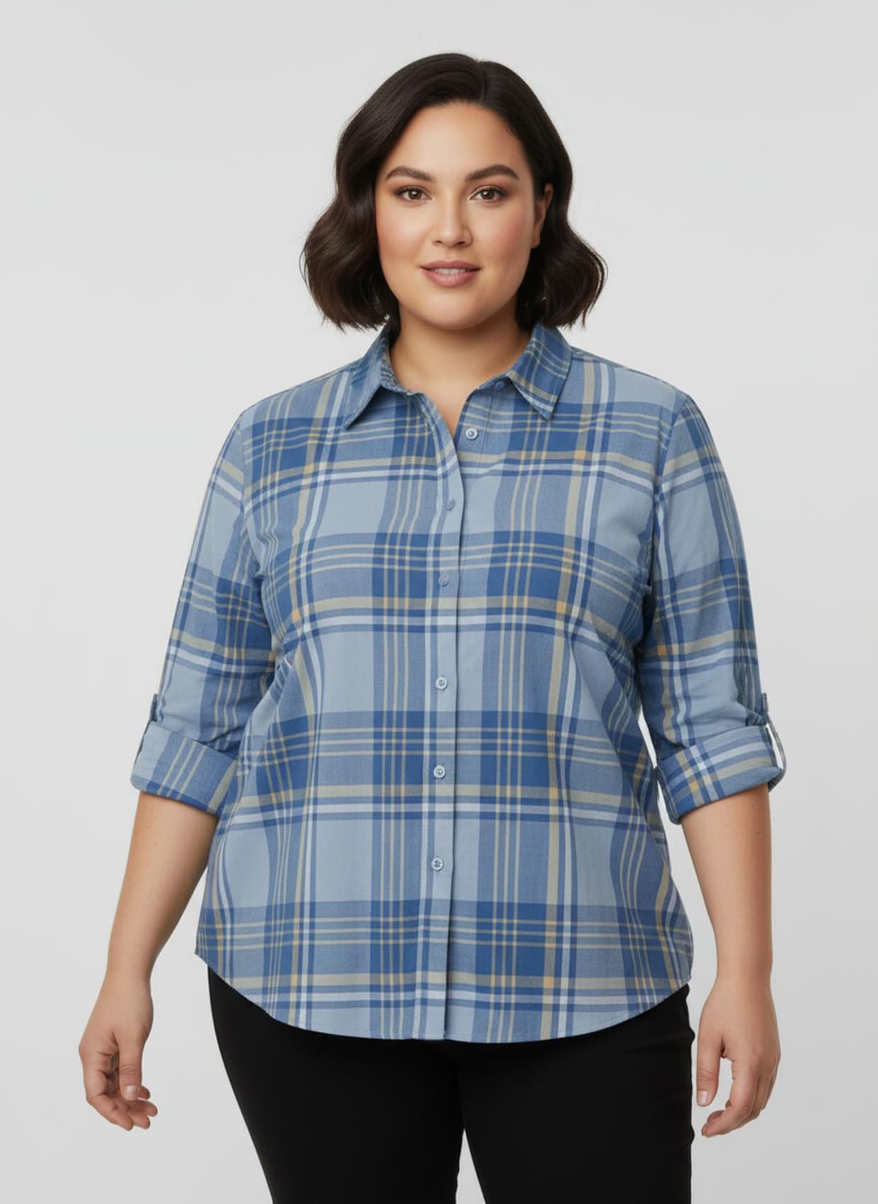 Karobluse mit Krempel-Ärmeln - eisblau-apricot-kariert