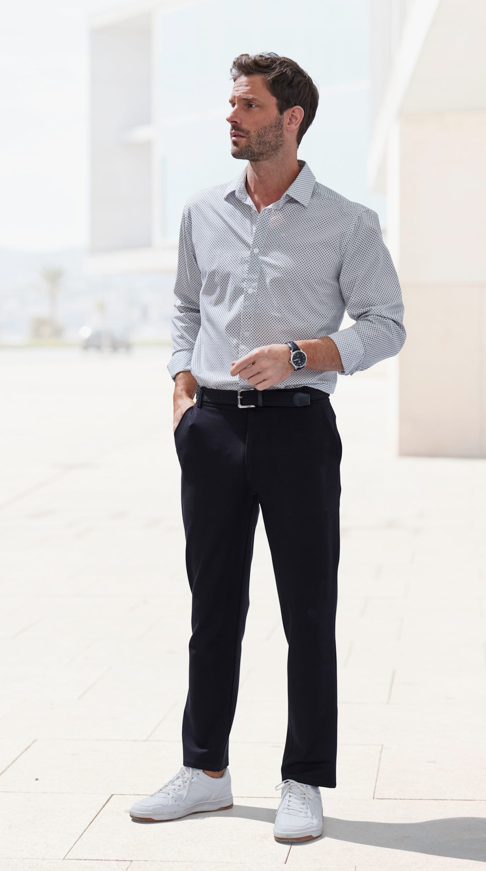 H.I.S Langarmhemd - weiß-anthrazit-bedruckt