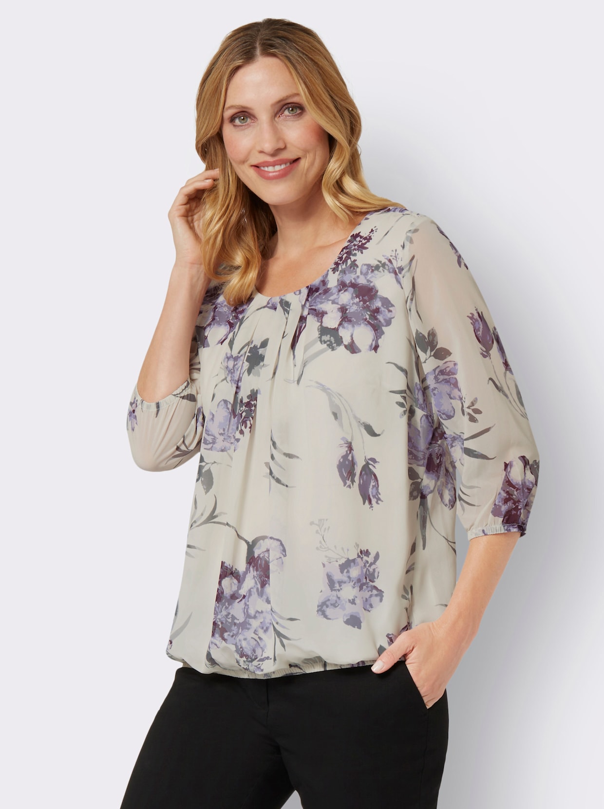 Schlupf-Bluse - champagner-violett-bedruckt