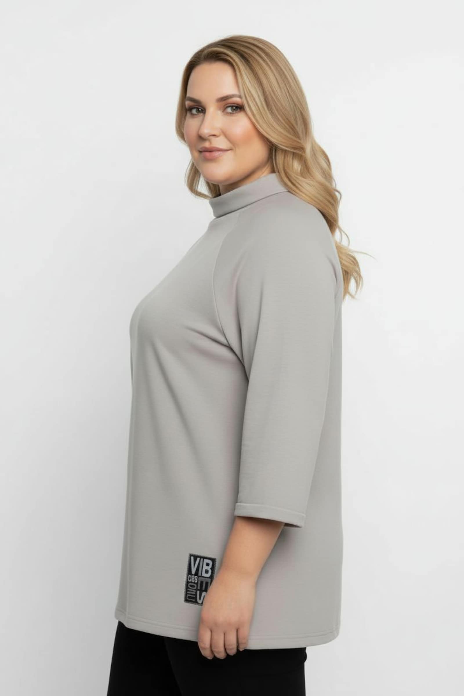 3/4-Arm-Shirt mit halsfernem Rollkragen - hellgrau