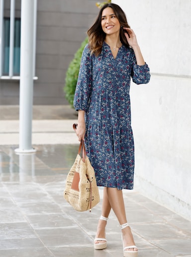 Stufenkleid mit 3/4-Ärmeln - jeansblau-fuchsia-bedruckt