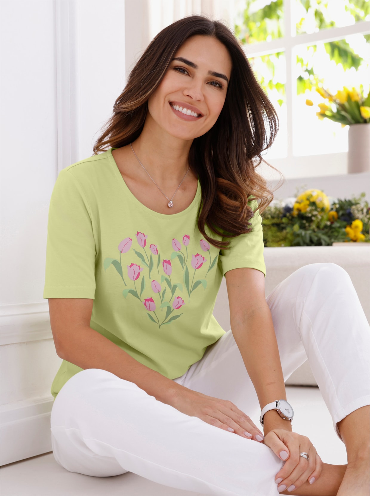 Kurzarmshirt mit platziertem Tulpen-Druck - pistazie-fuchsia