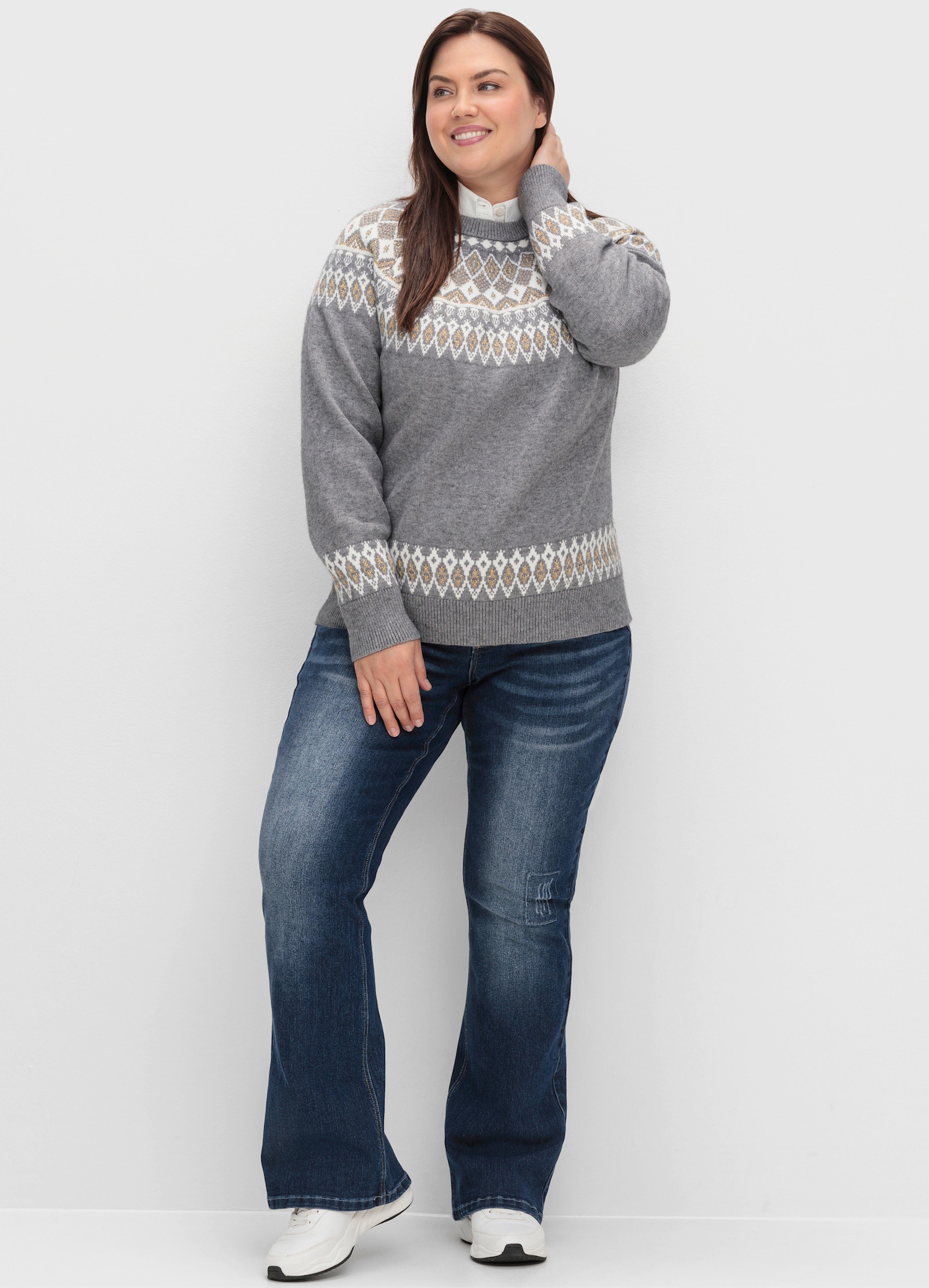 sheego by Joe Browns Jacquard-Pullover mit goldfarbenem Glanzgarn - grau meliert