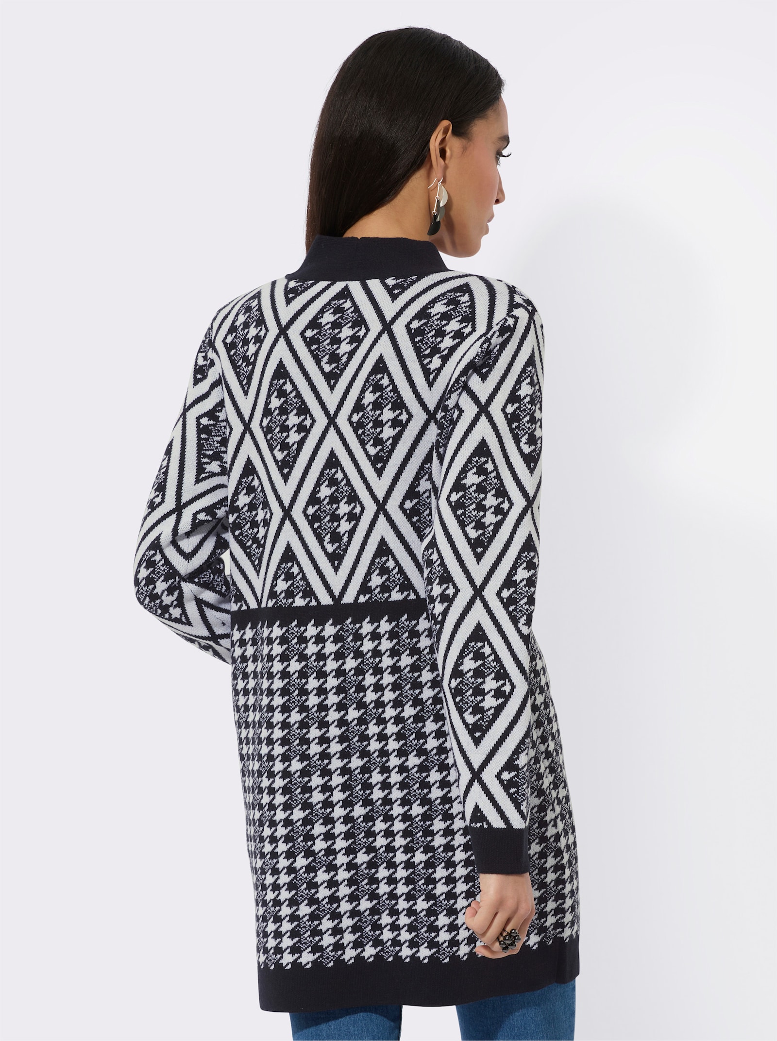 Ajourstrickjacke im wertigen Garn-Mix mit Schurwolle - schwarz-ecru-gemustert
