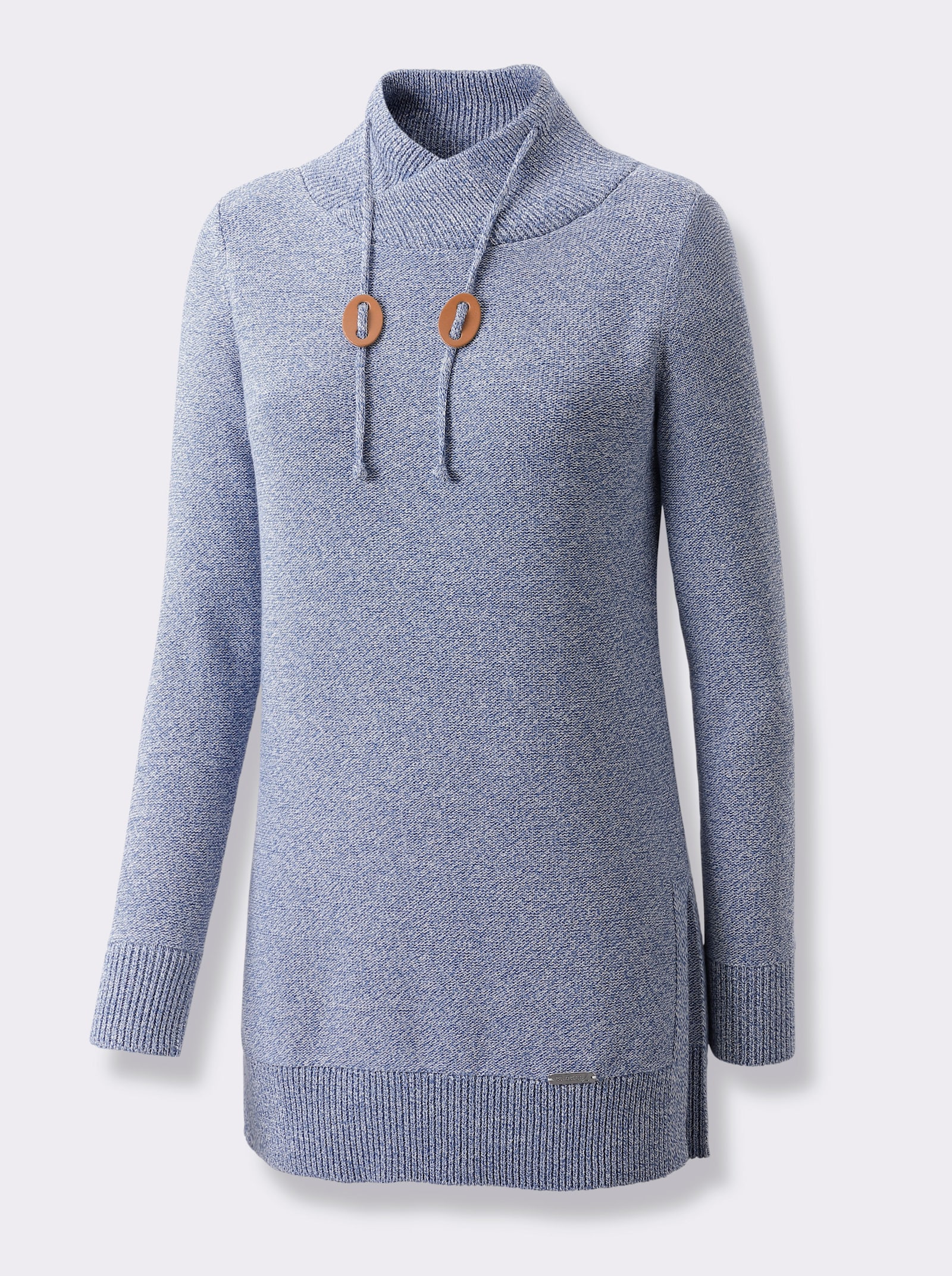 Longpullover mit langen Seitenschlitzen - jeansblau-ecru-meliert