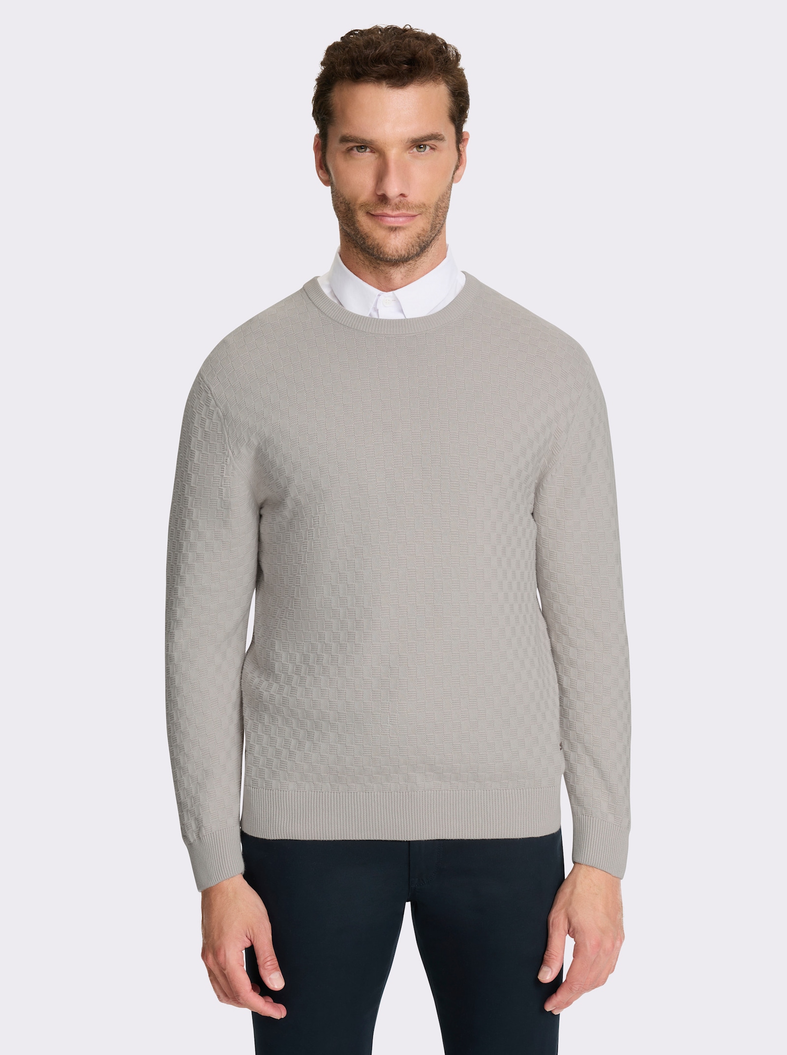 Marco Donati Rundhalspullover im Schachbrett-Muster rundum - hellgrau