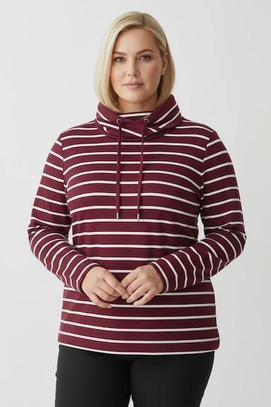 Sweatshirt mit überlappendem Rollkragen - dunkelrot-weiß-geringelt