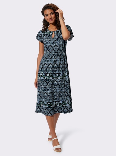 Jerseykleid mit Gummizug auf Taillenhöhe - jeansblau-schwarz-bedruckt