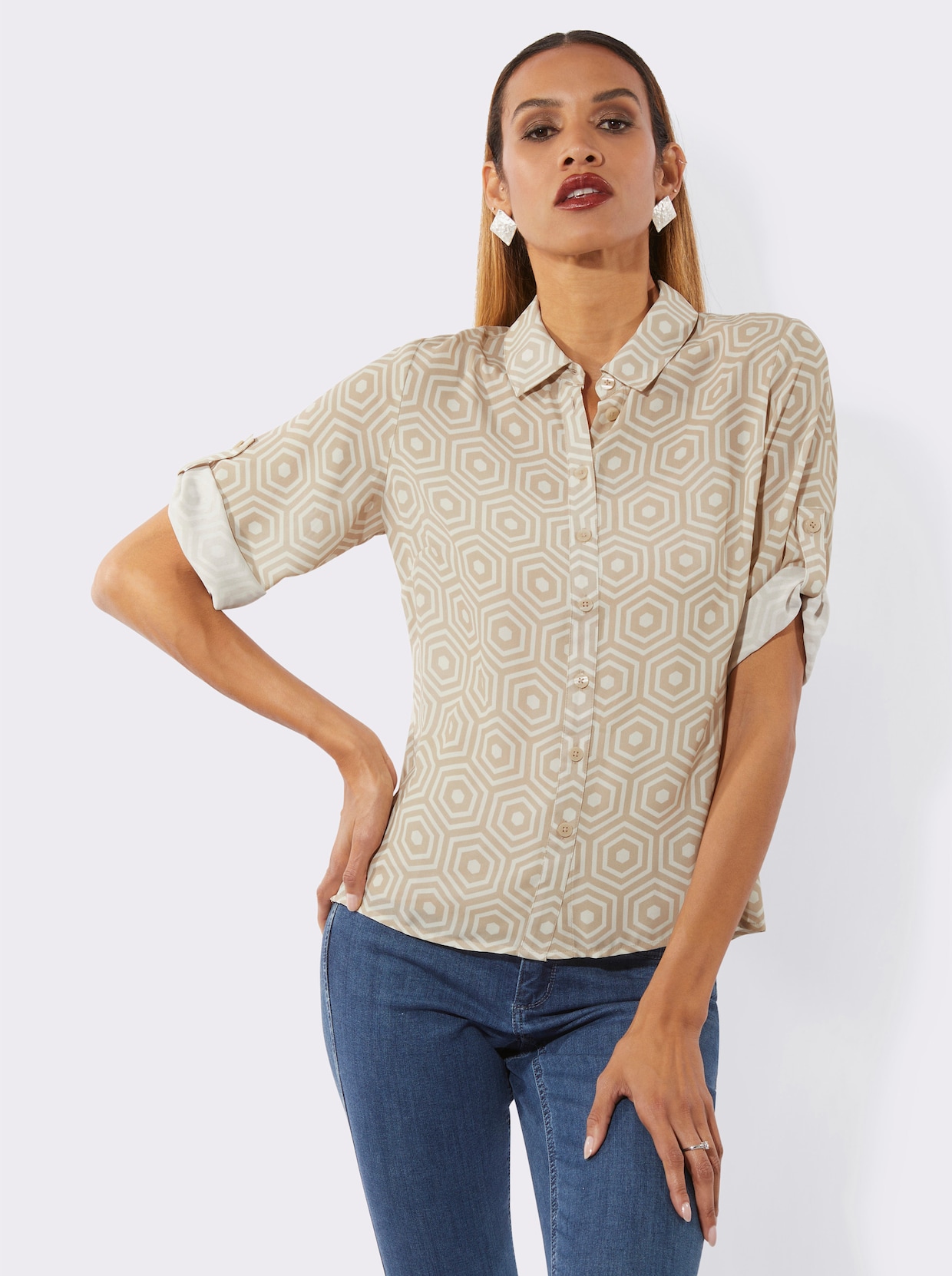 Hemdbluse - ecru-sand-gemustert