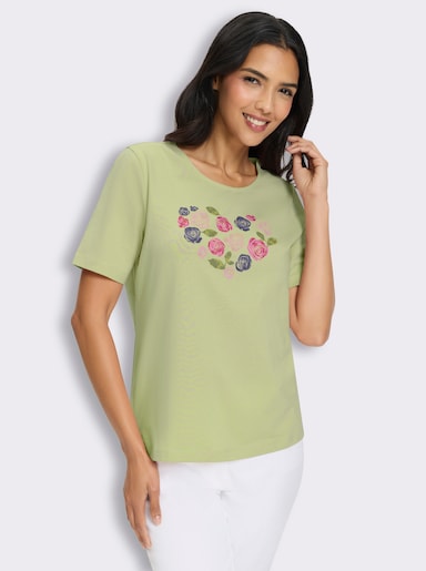 Kurzarmshirt mit Herz-Motiv aus Blüten - pistazie-fuchsia