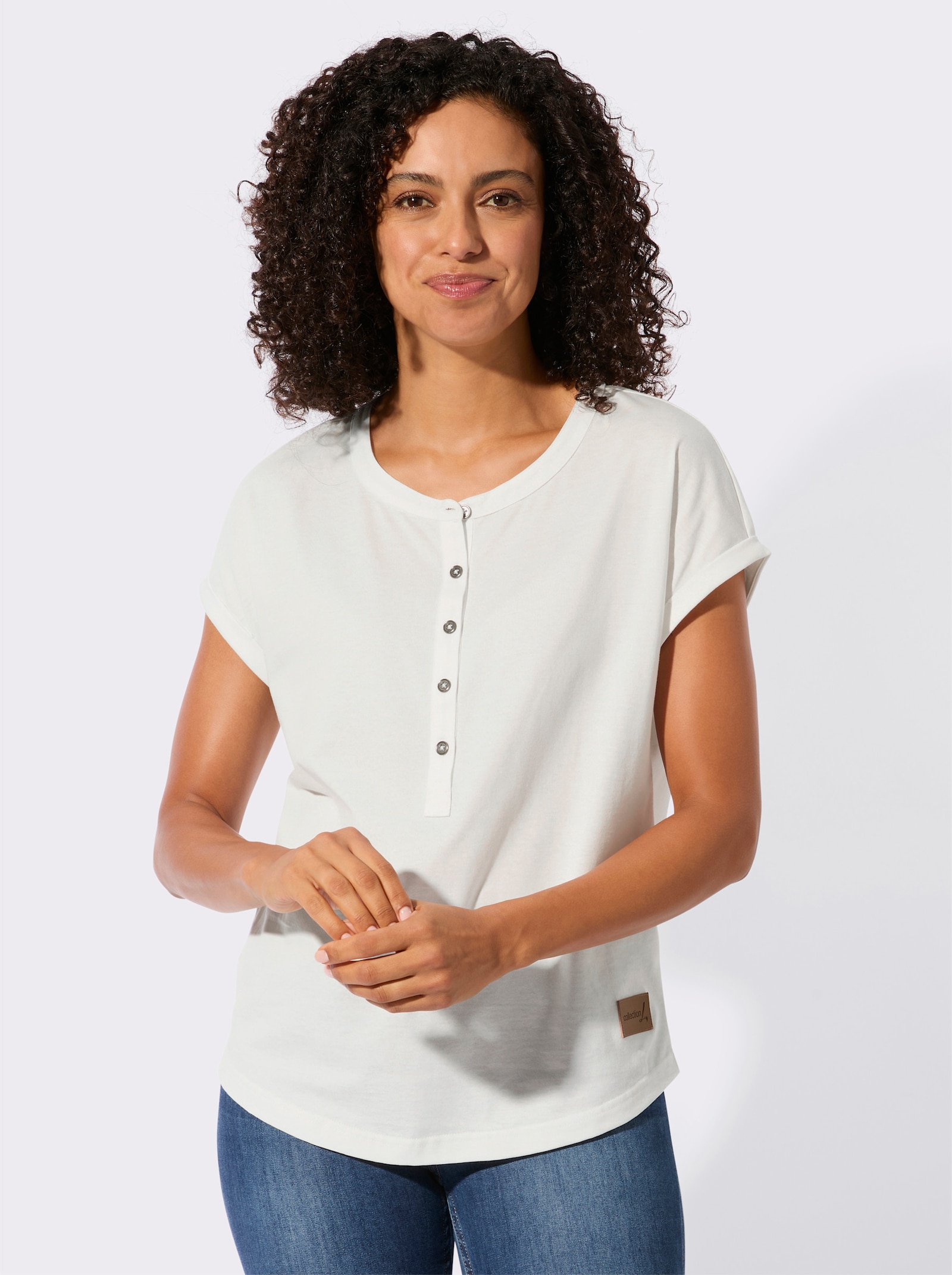 Rundhalsshirt mit Knopfleiste - ecru