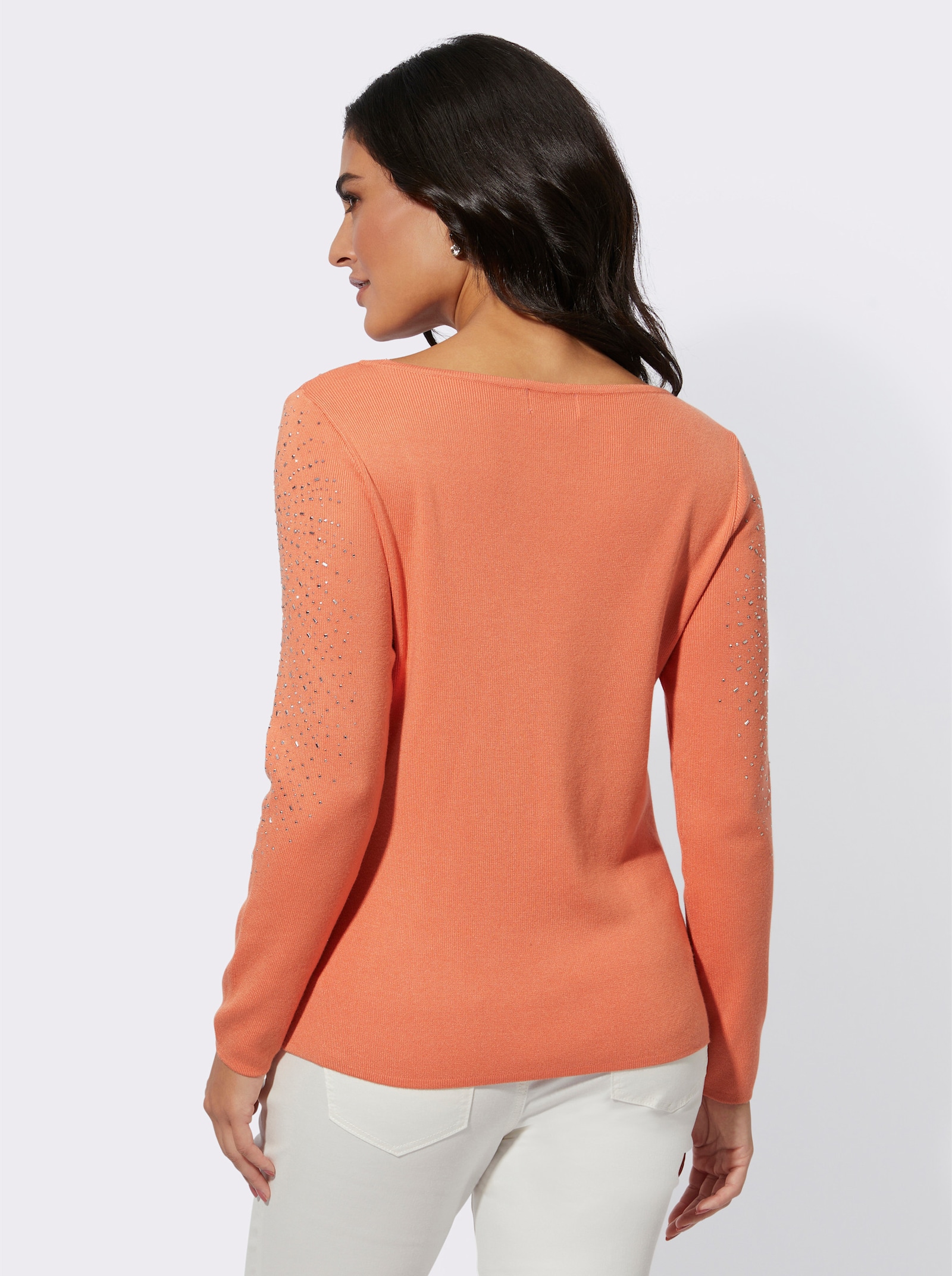 Langarm-Pullover mit silberglänzenden Steinchen - papaya