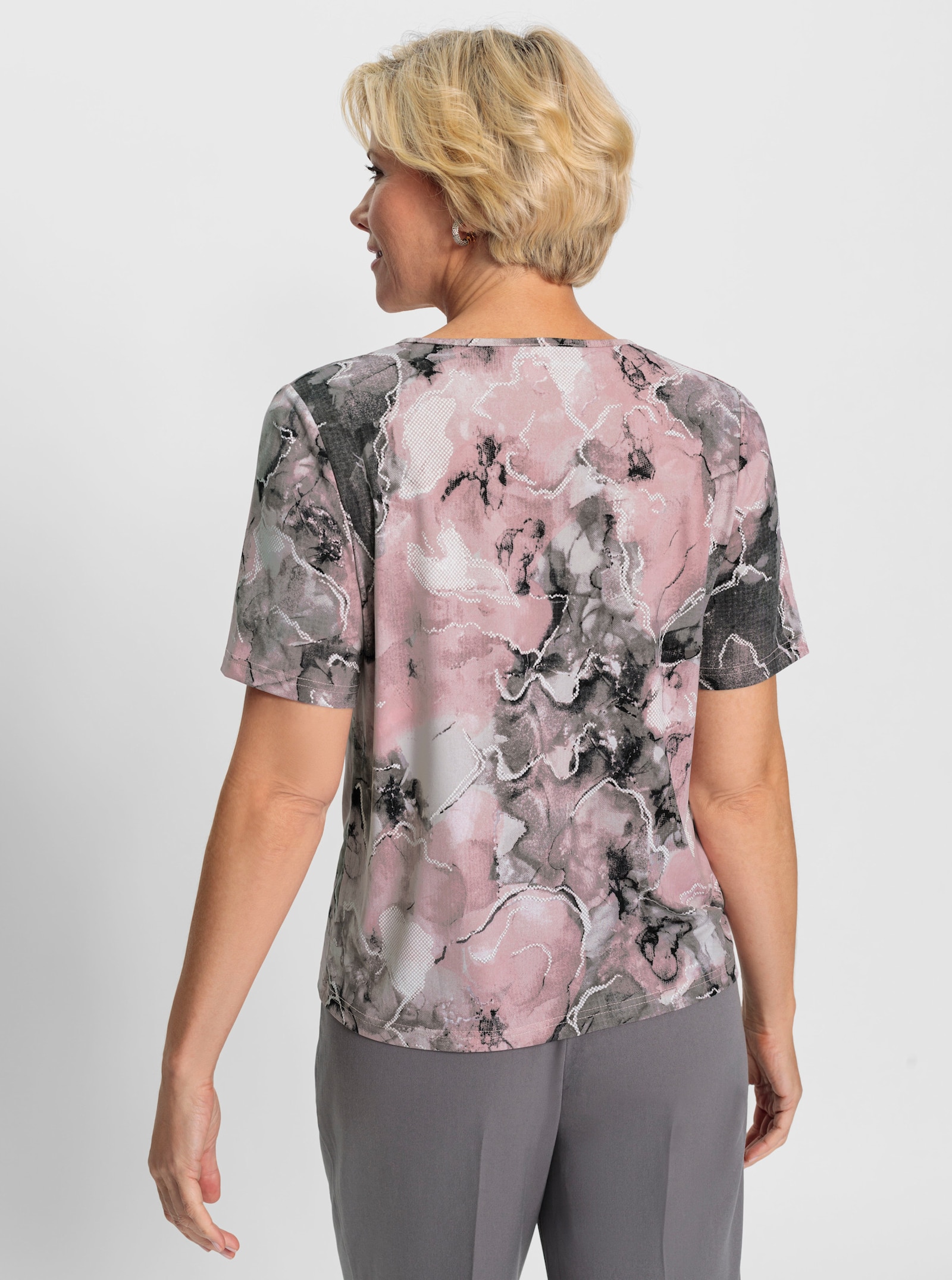 Shirt met ronde hals en siergesp - roze/steengrijs bedrukt