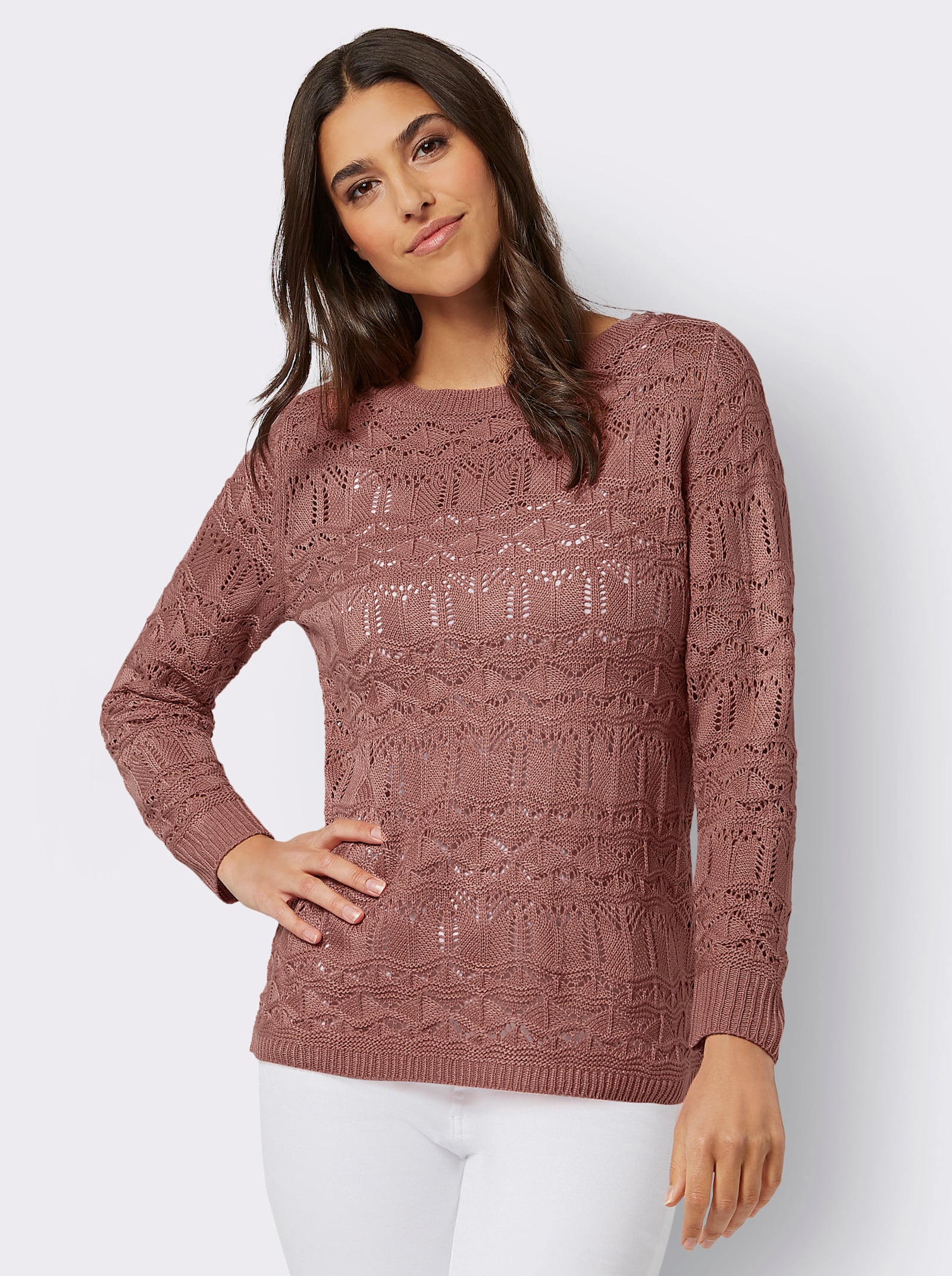 Ajourpullover met boothals - rozenhout
