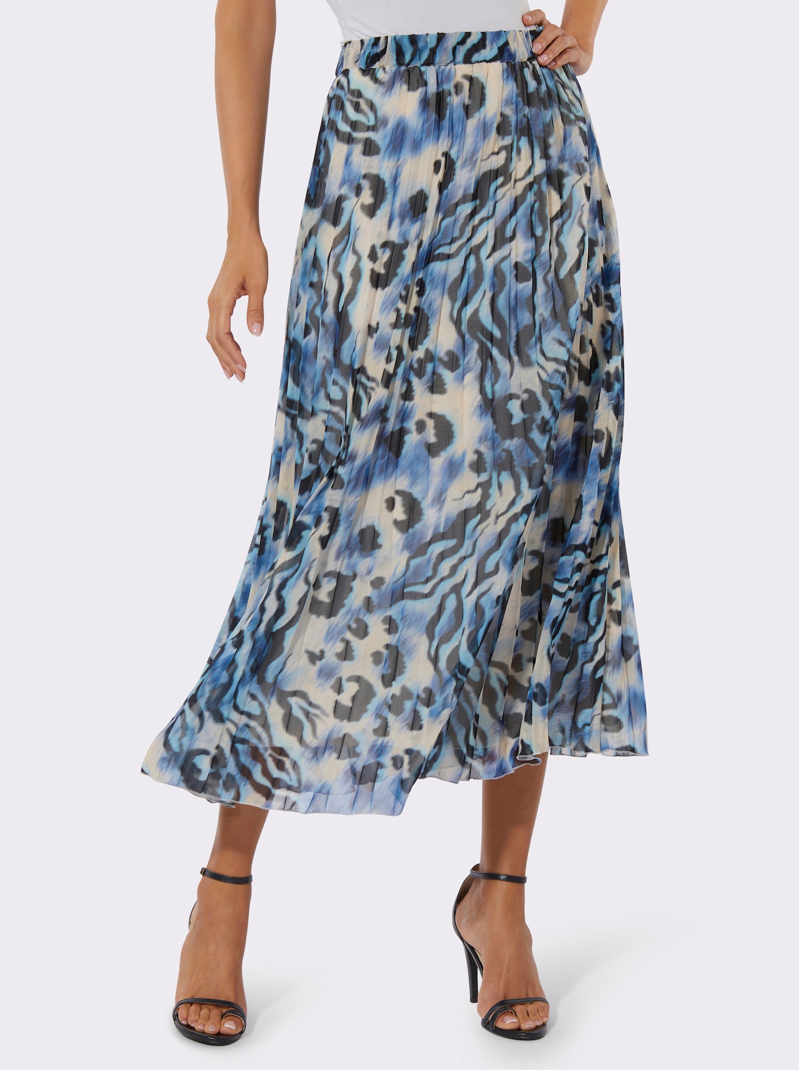 Plissérok met comfortband rondom - Champagne-koningsblauw-bedrukt