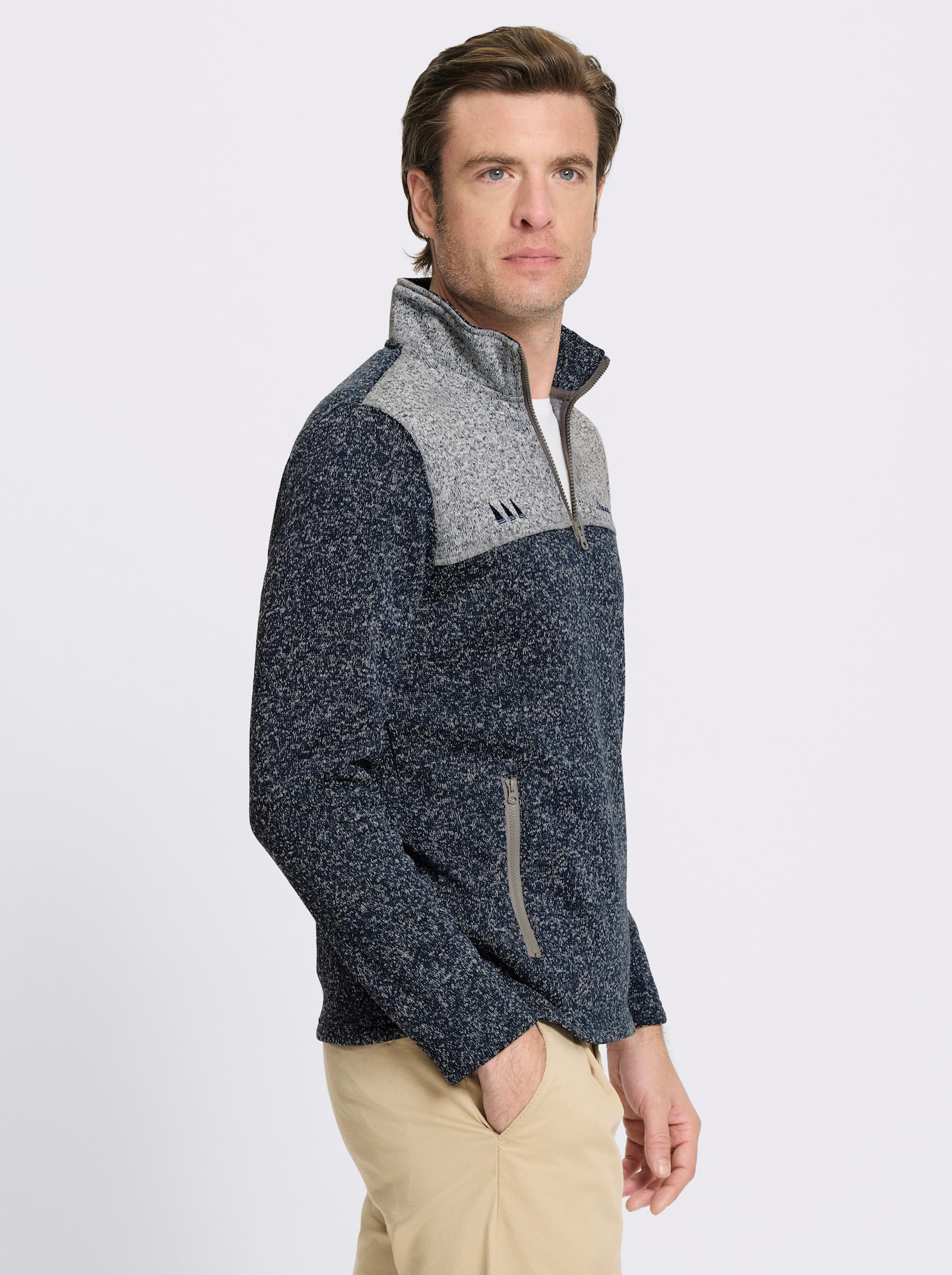 Catamaran Strickfleece-Pullover mit Stickerei - rauchblau-grau-meliert