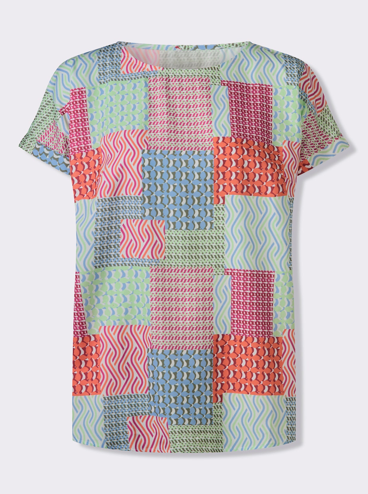 Schlupfbluse in Patch-Optik - rot-himmelblau-bedruckt