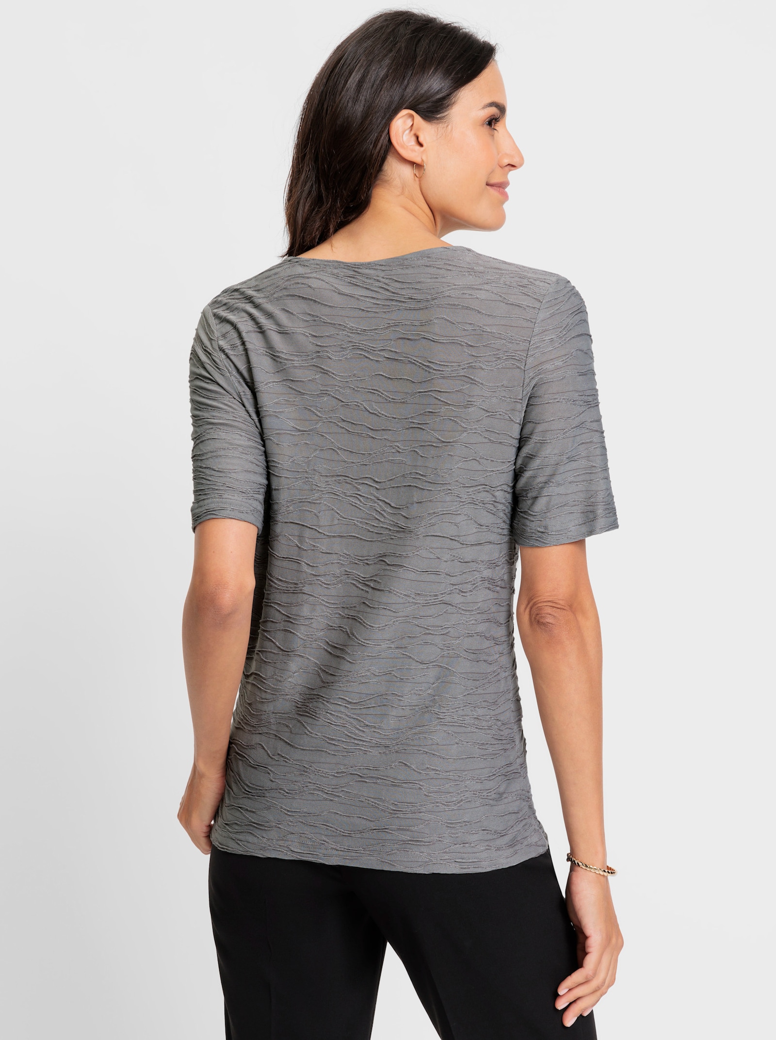 Shirt met V-hals en jacquardgolfpatroon - grijs gemêleerd