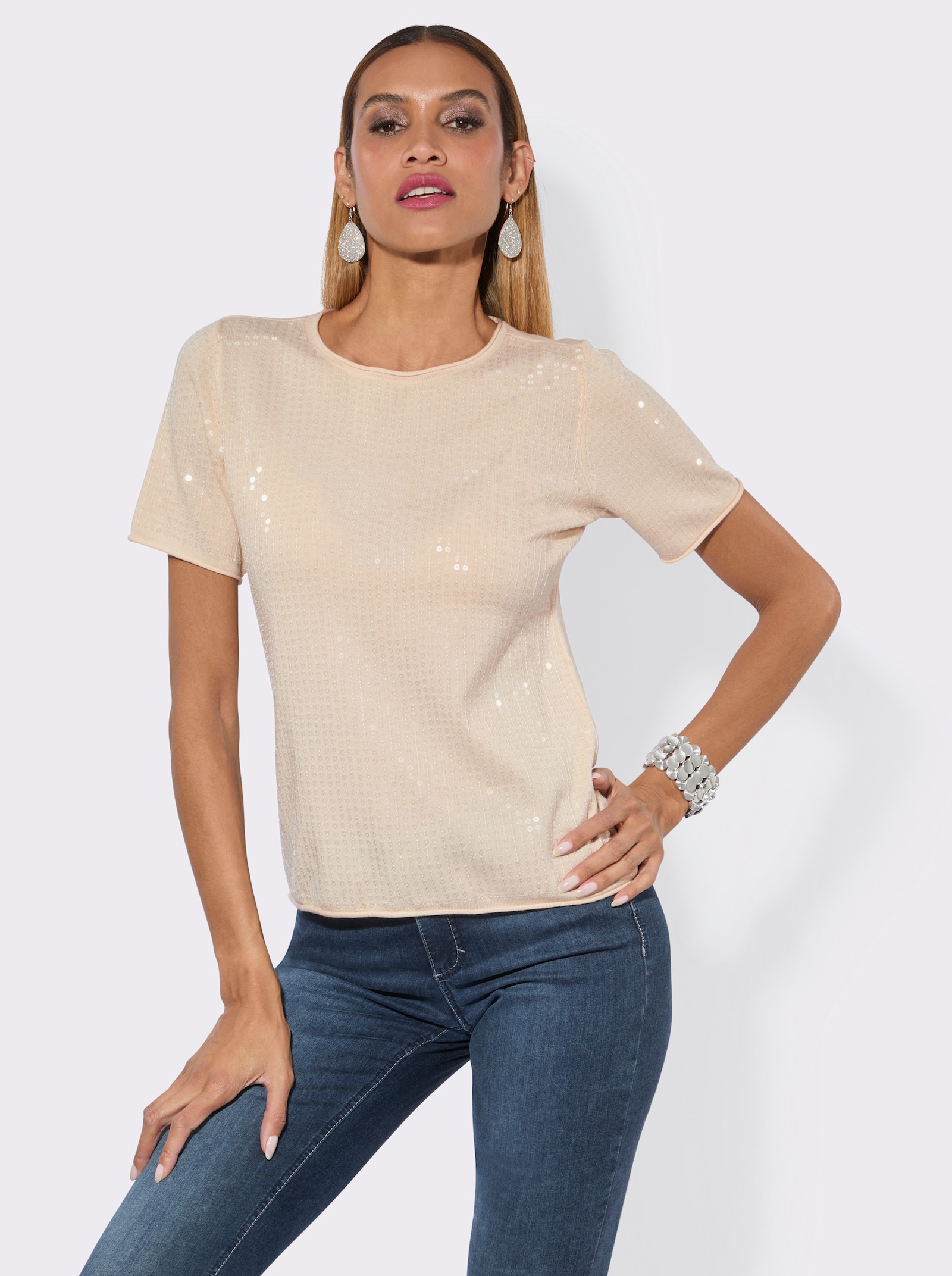 Kurzarmpullover mit transparenten Pailletten - elfenbein
