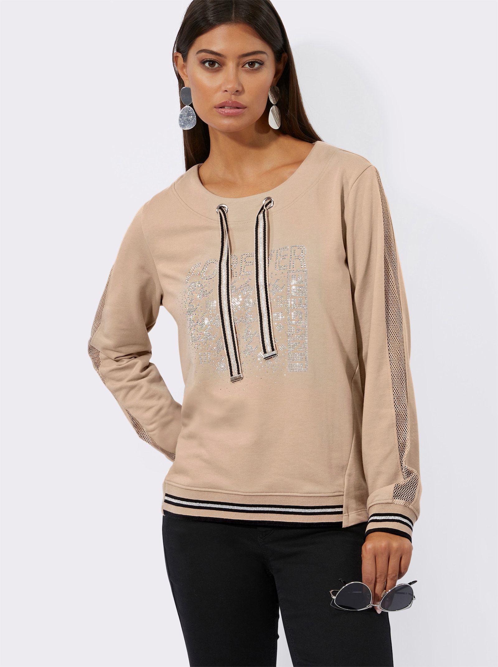 Sweatshirt mit Netz-Einsatz - beige