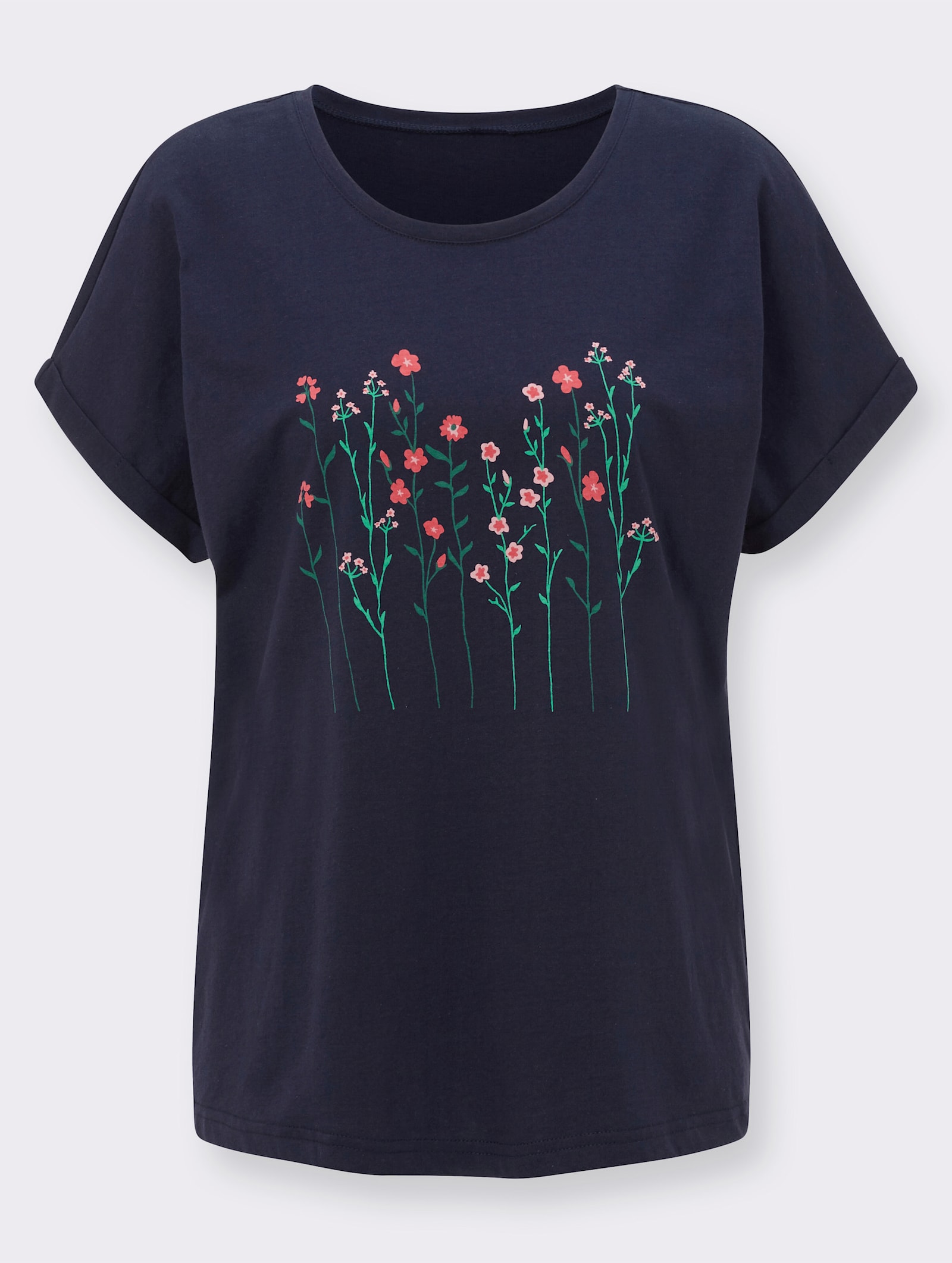Rundhalsshirt mit Blüten-Dessin - nachtblau-bedruckt