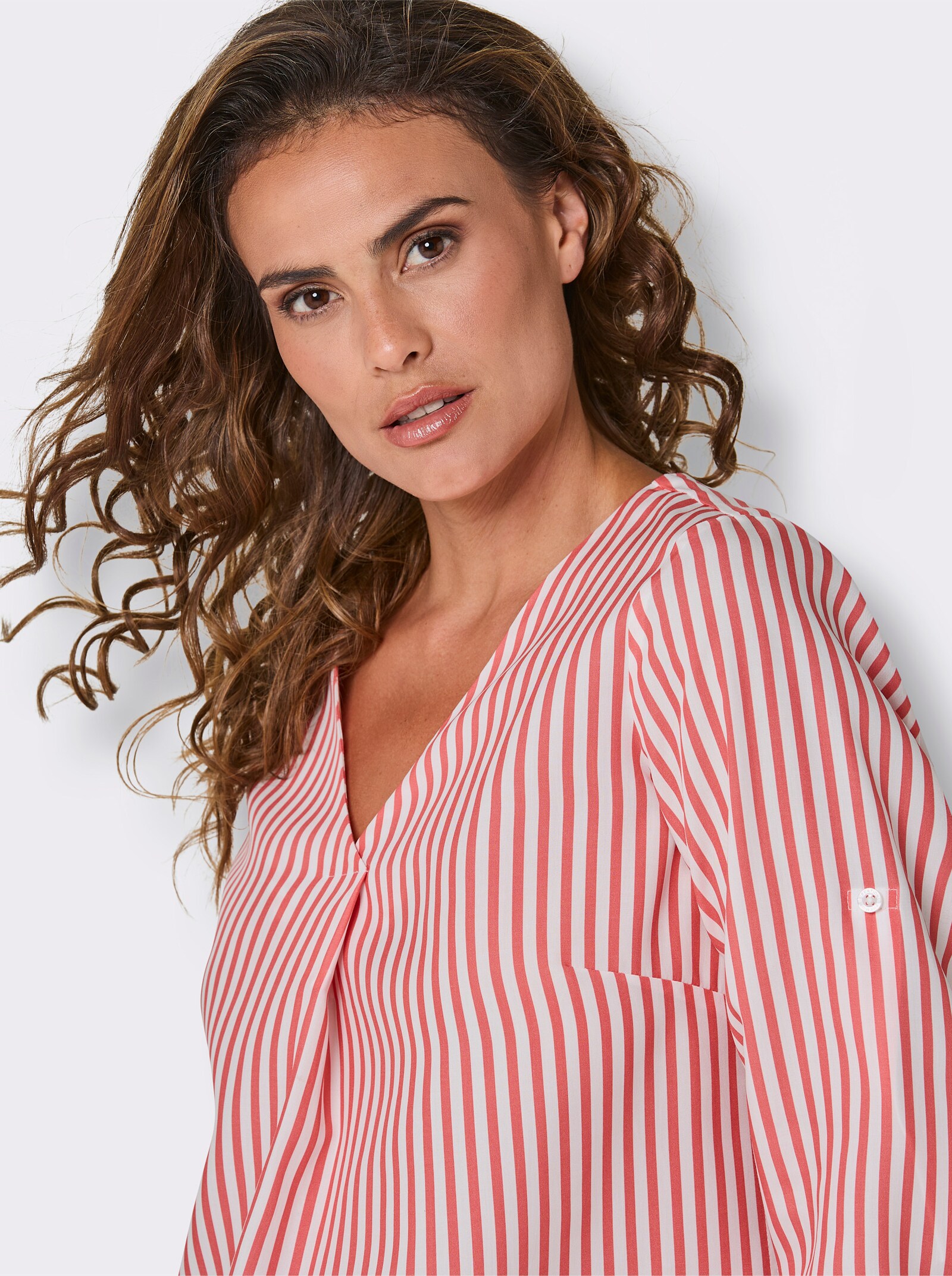 CREATION L PREMIUM Gestreifte Bluse mit Krempelärmel - grapefruit-ecru-gestreift
