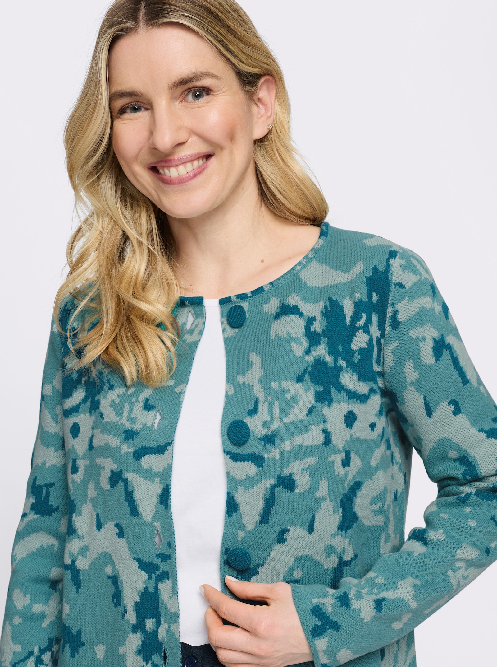 Jacquardstrickjacke in längerer Form - mint-aquapetrol-gemustert