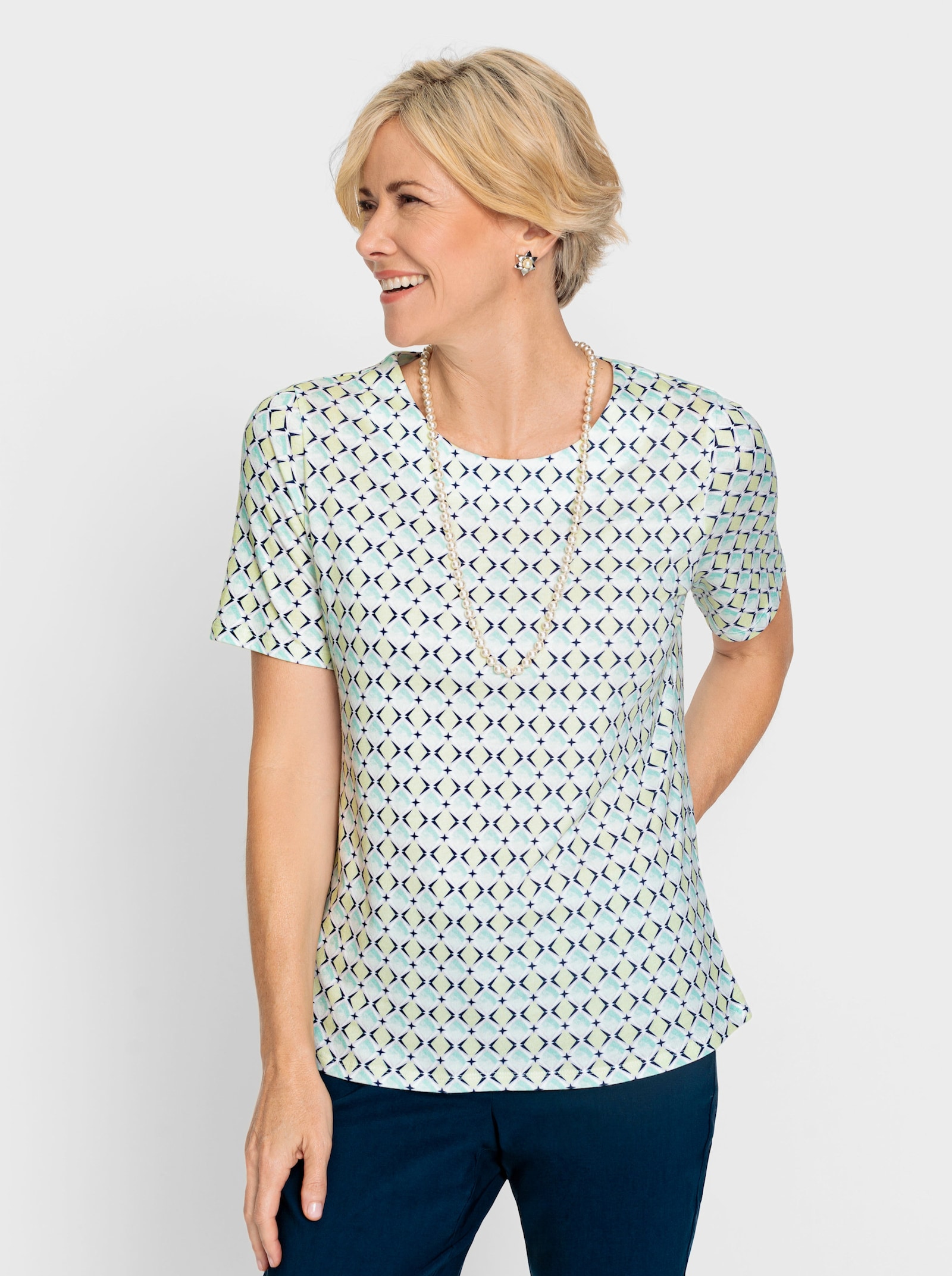 Shirt met korte mouwen van katoen en modal. - mint/pistache bedrukt