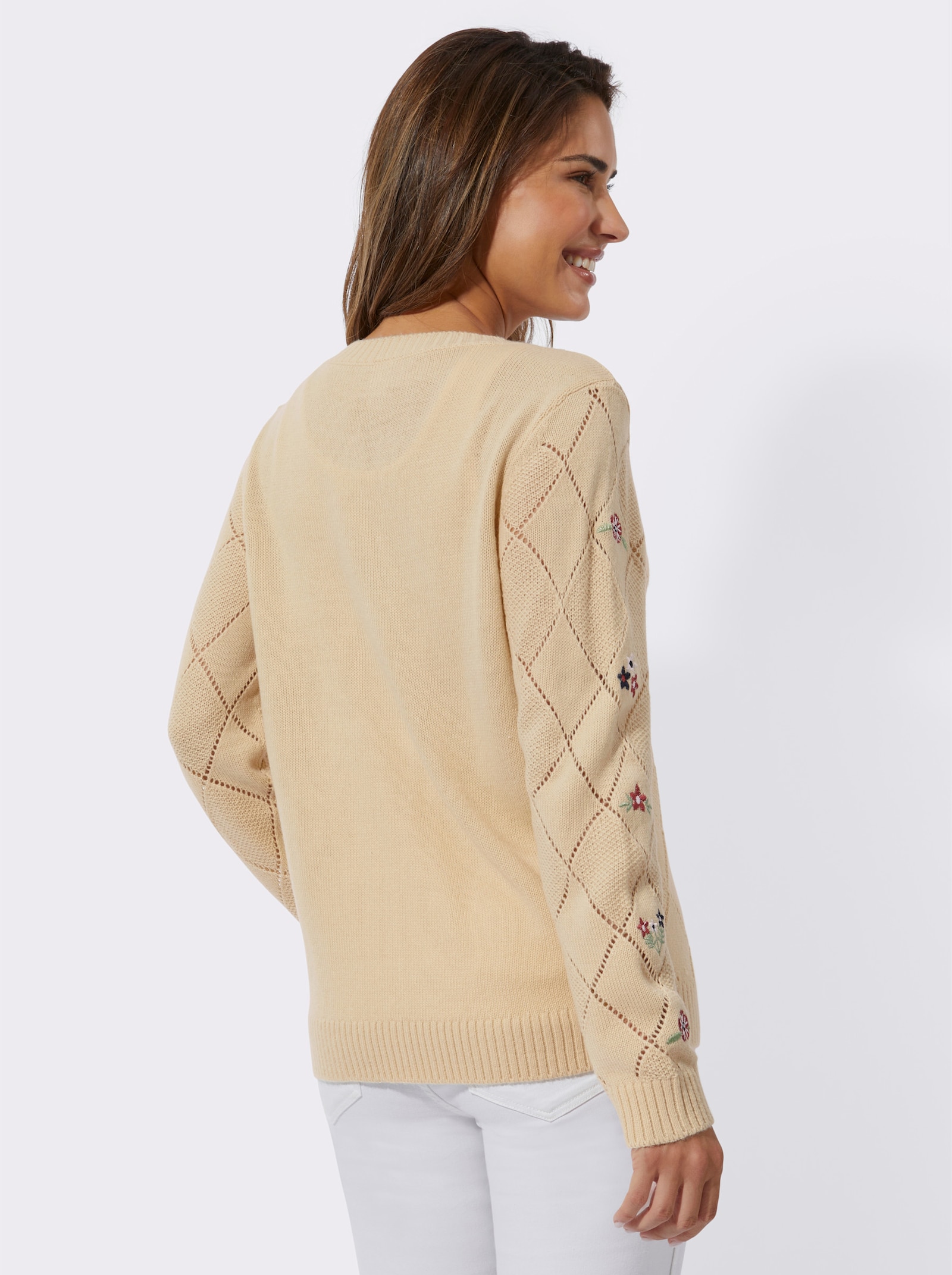 Ajourstrickjacke mit Blütenstickereien - sand