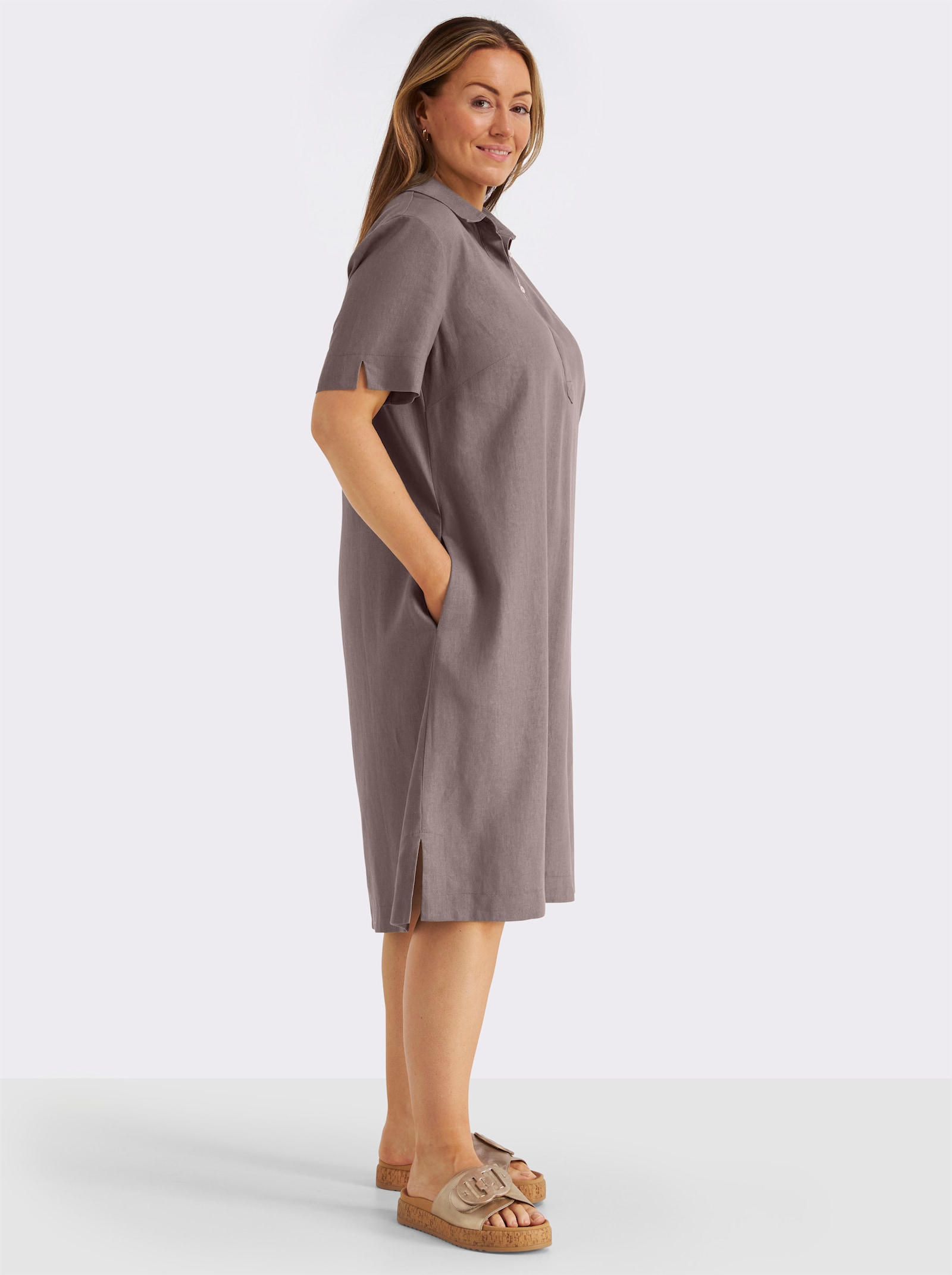 sheego A-Linien-Kleid im Leinen-Mix - dunkeltaupe