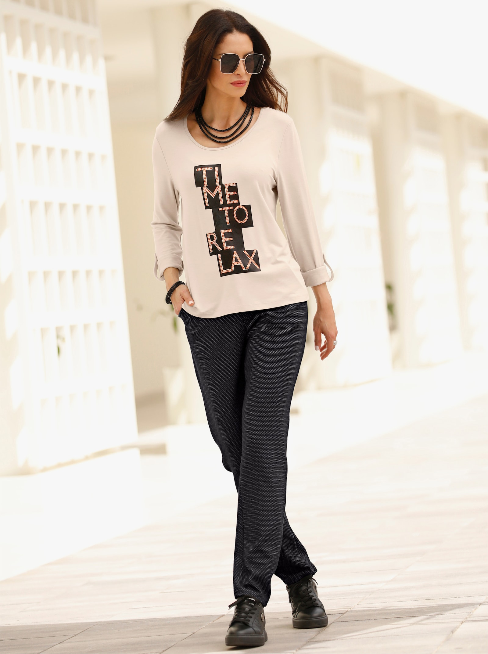 3/4-Arm-Shirt Folien-Print mit Glitzersteinchen - sand-schwarz-bedruckt