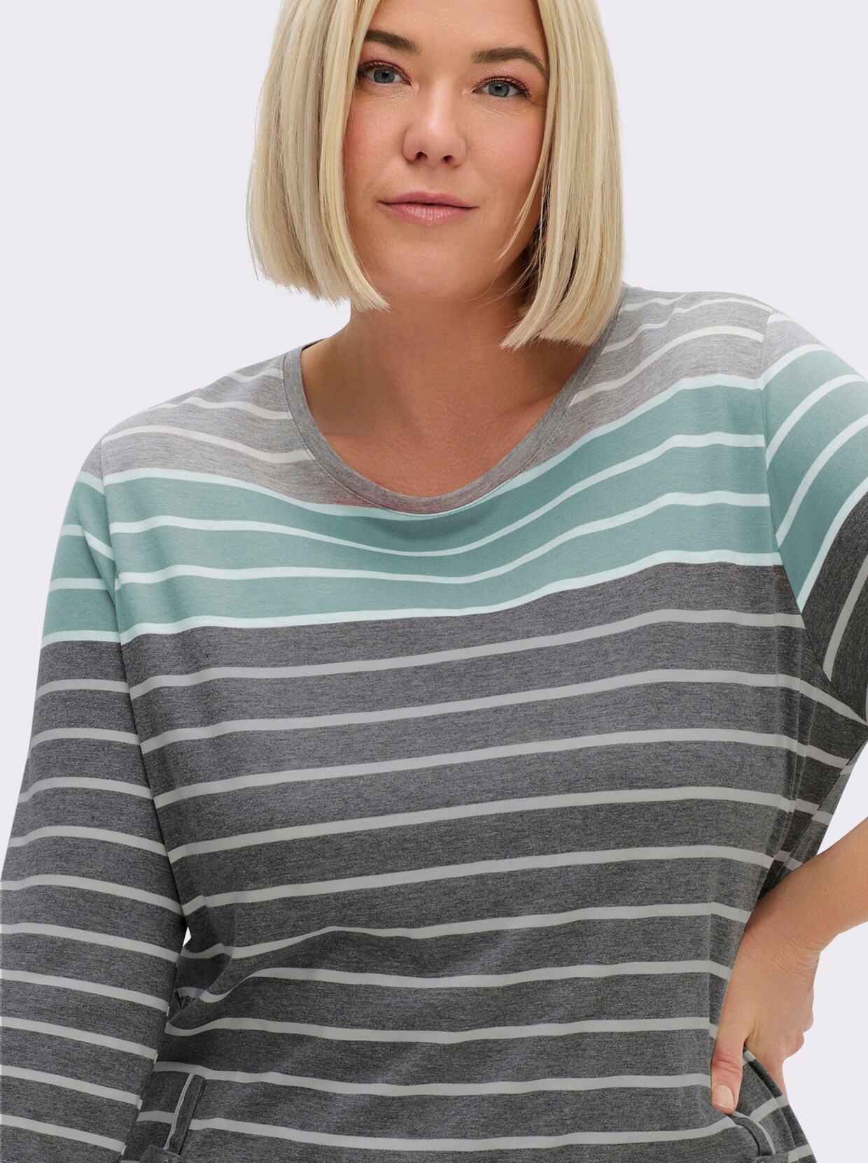 3/4-Arm-Shirt mit 2 imitierten Taschen - grau-mint-gestreift