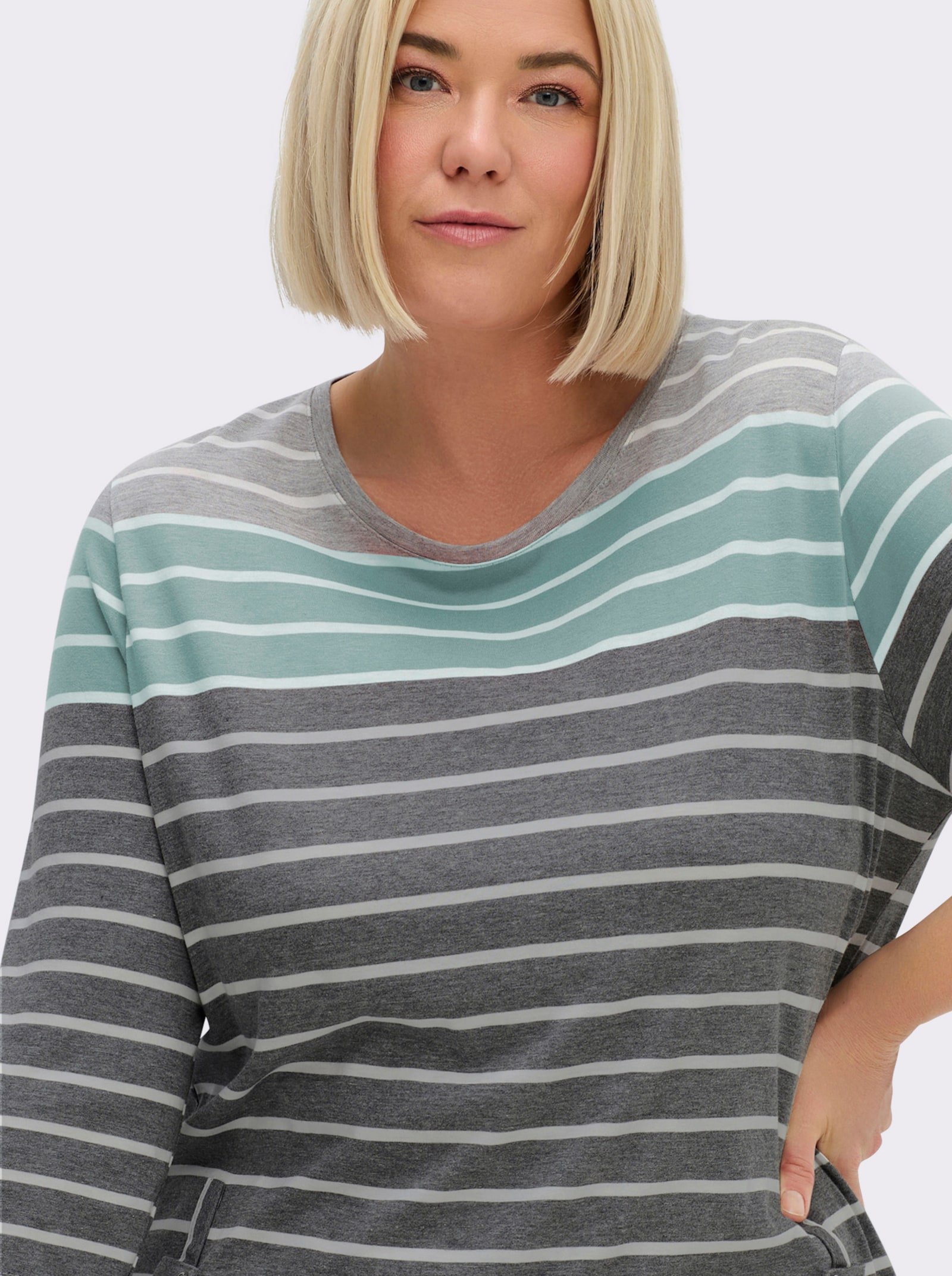 3/4-Arm-Shirt mit 2 imitierten Taschen - grau-mint-gestreift