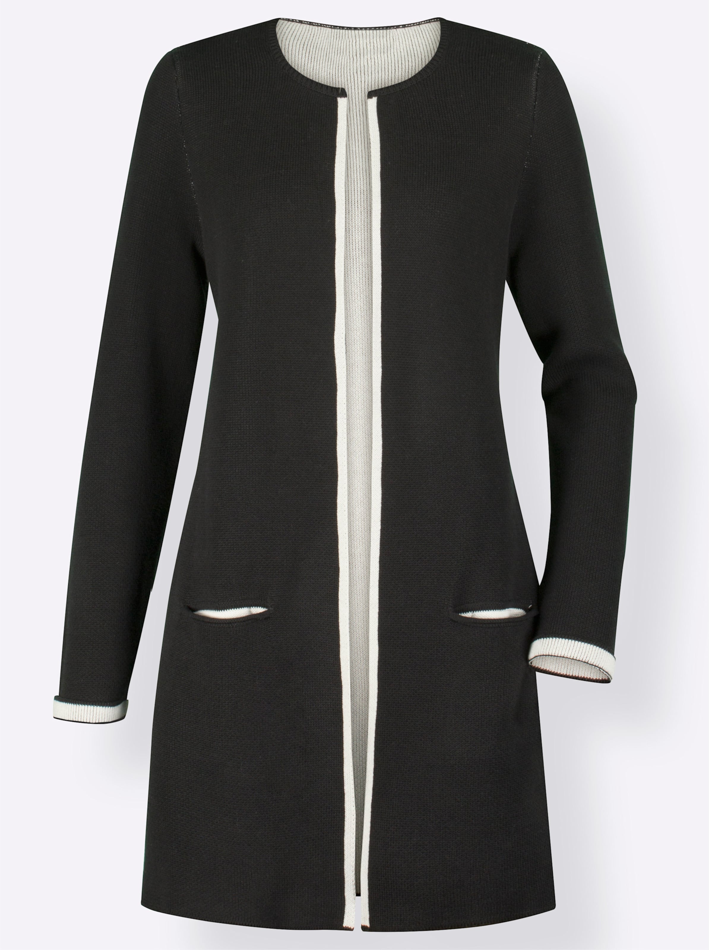 Création L Damen Schwarz/Weiß Strickjacke Creation L, Gr. 52, - (, Ecru), 47% Baumwolle, 47% Polyacryl, 6% Polyamid, Unifarben, Figurumspielend, Strickj... - Bild 3