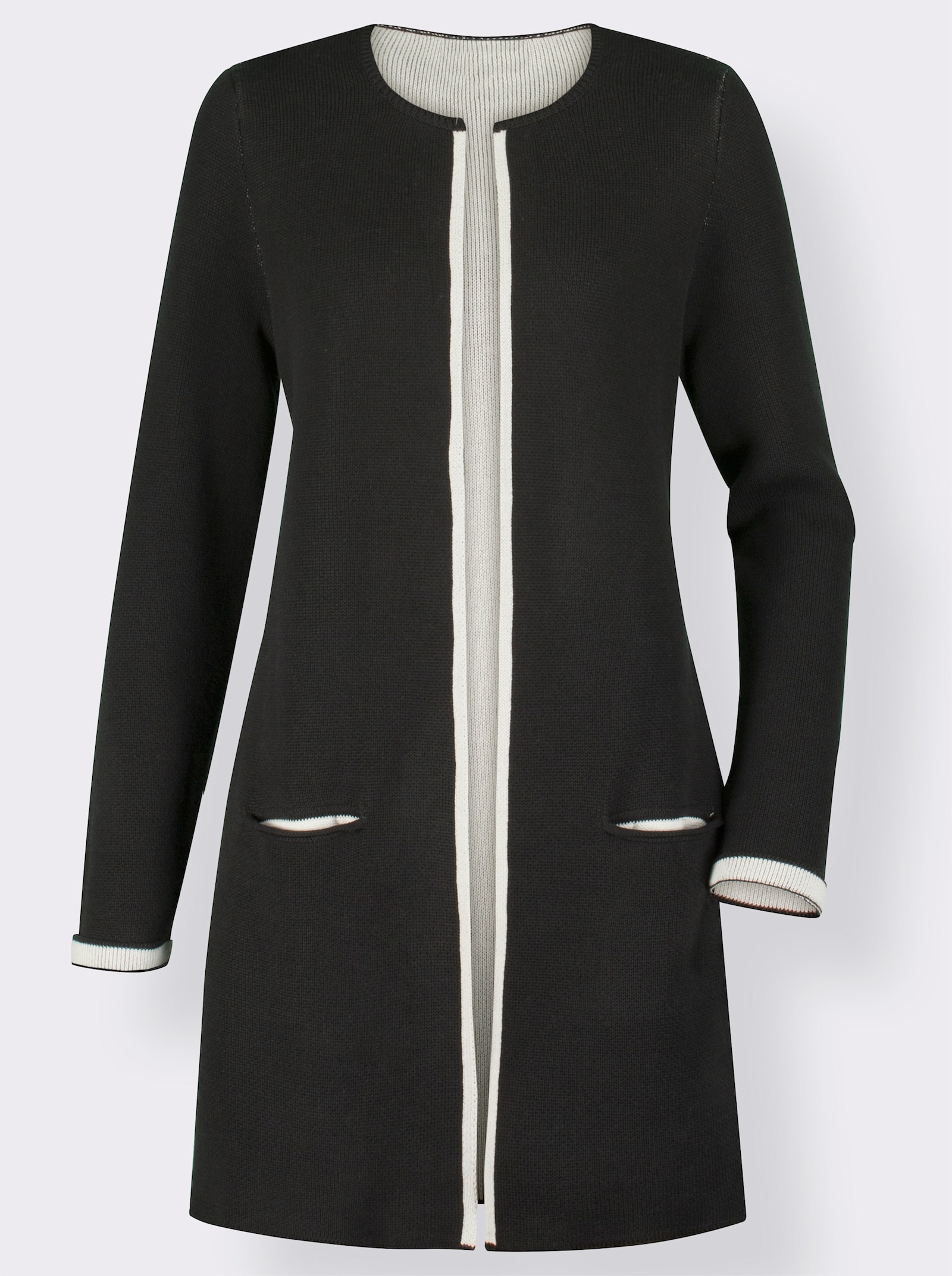 Strickjacke mit fixiertem Ärmelaufschlag - schwarz-ecru