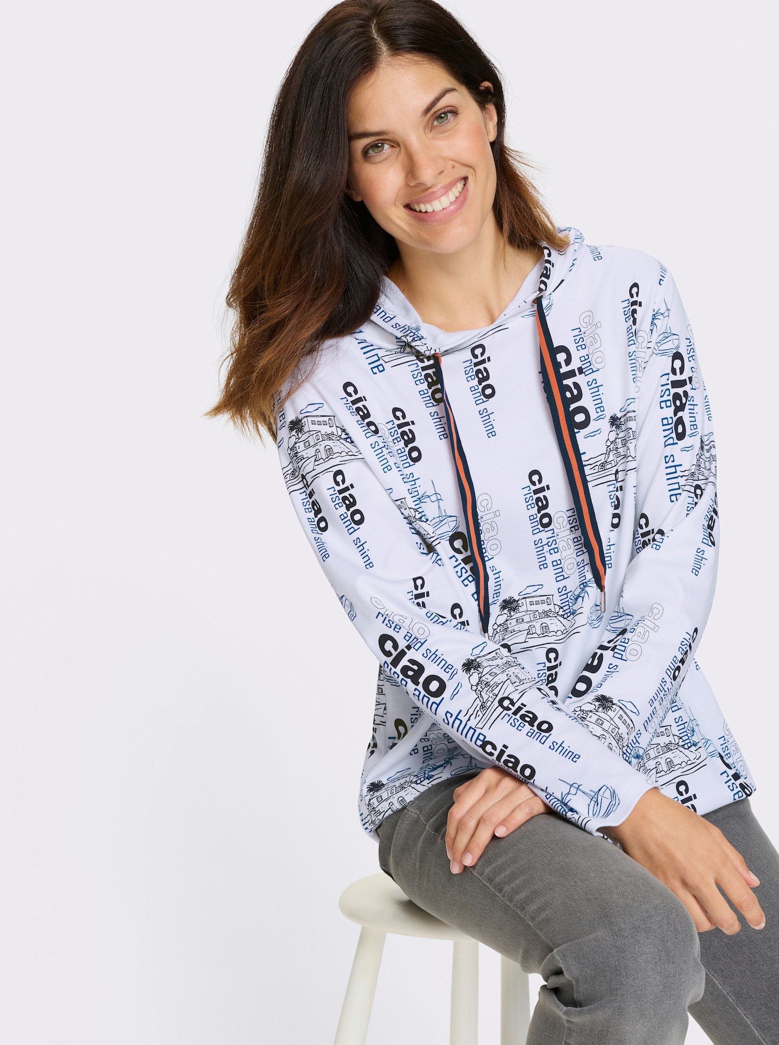 Sweatshirt met maritieme print rondom - wit/marine geprint