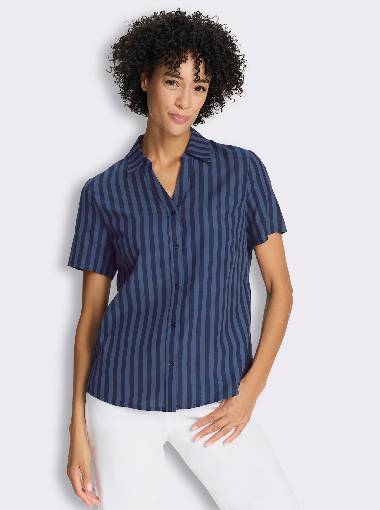 Kurzarm-Bluse mit Längsstreifen - dunkelblau-gestreift