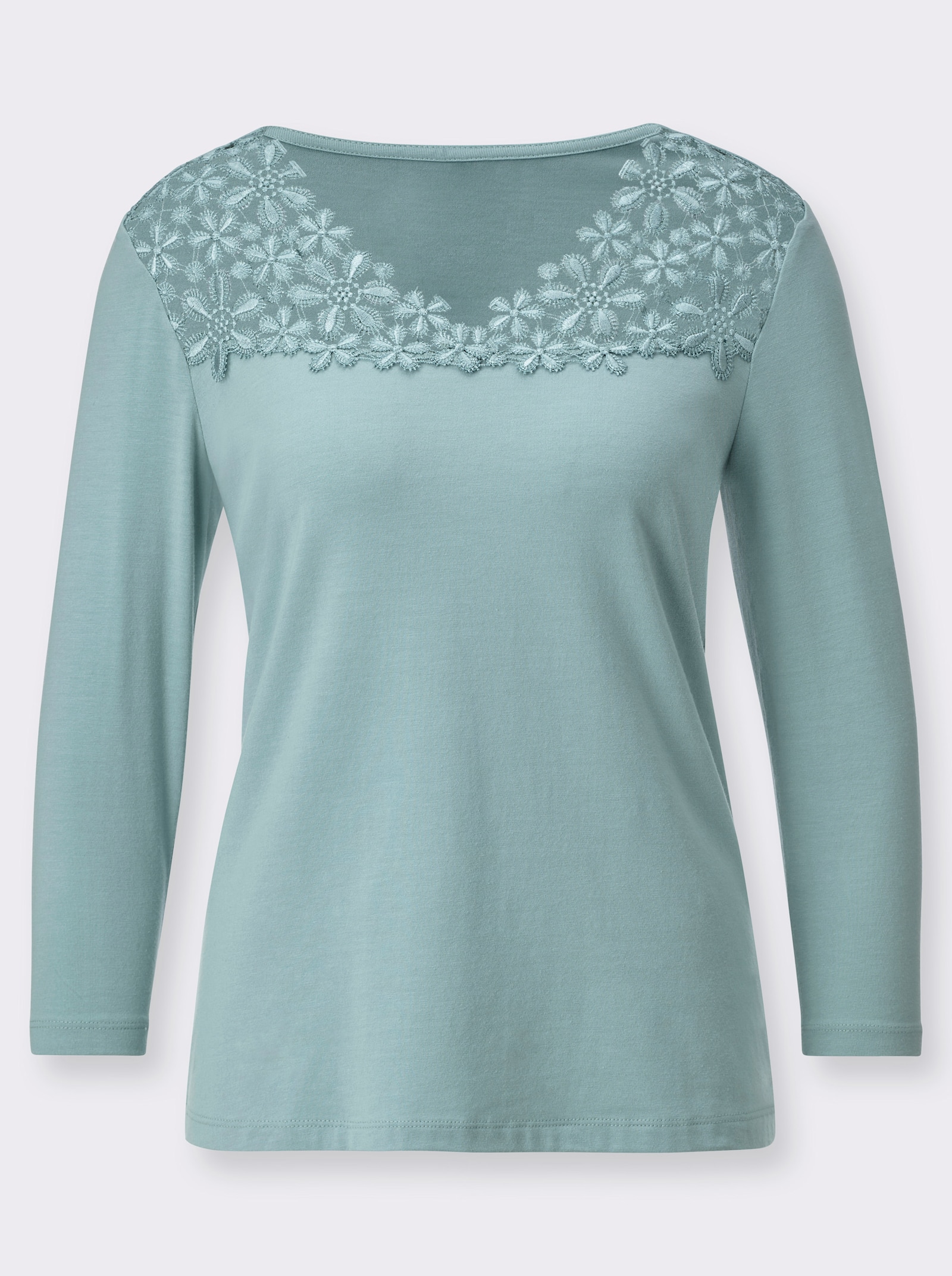 Shirt met V-hals en bloemenkant - kalkmint