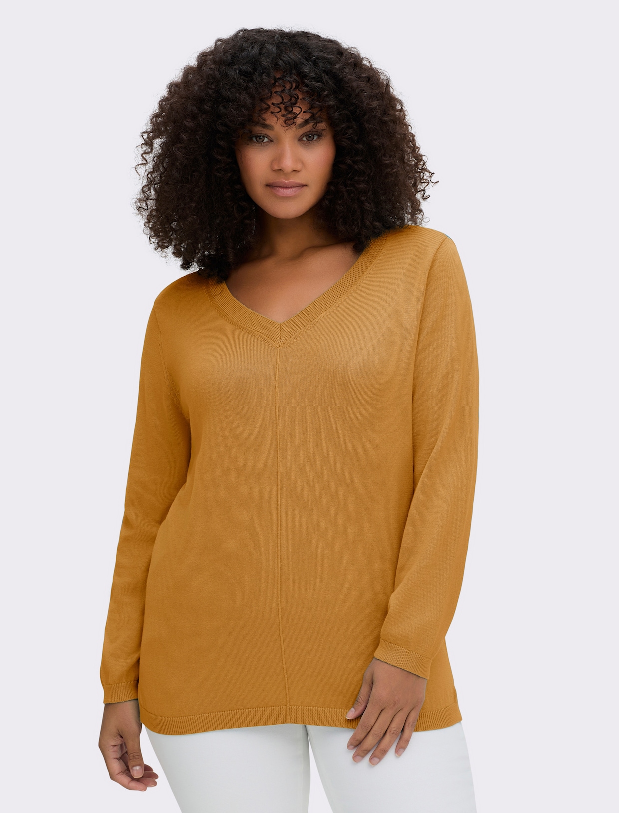 V-Ausschnitt-Pullover mit Biesen vorne - curry