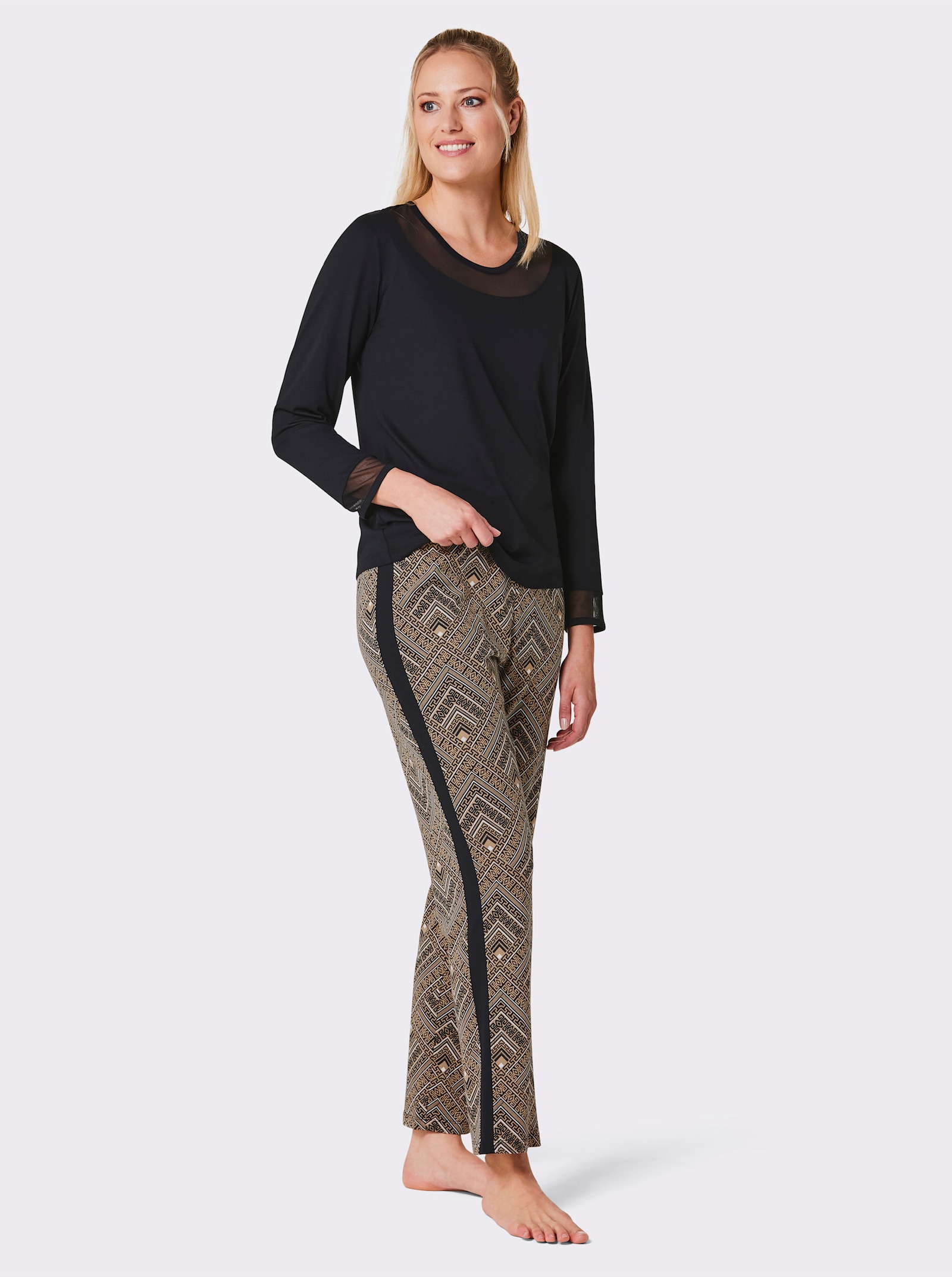 wäschepur Schlafanzug mit Mesh-Einsätzen - schwarz-camel-bedruckt